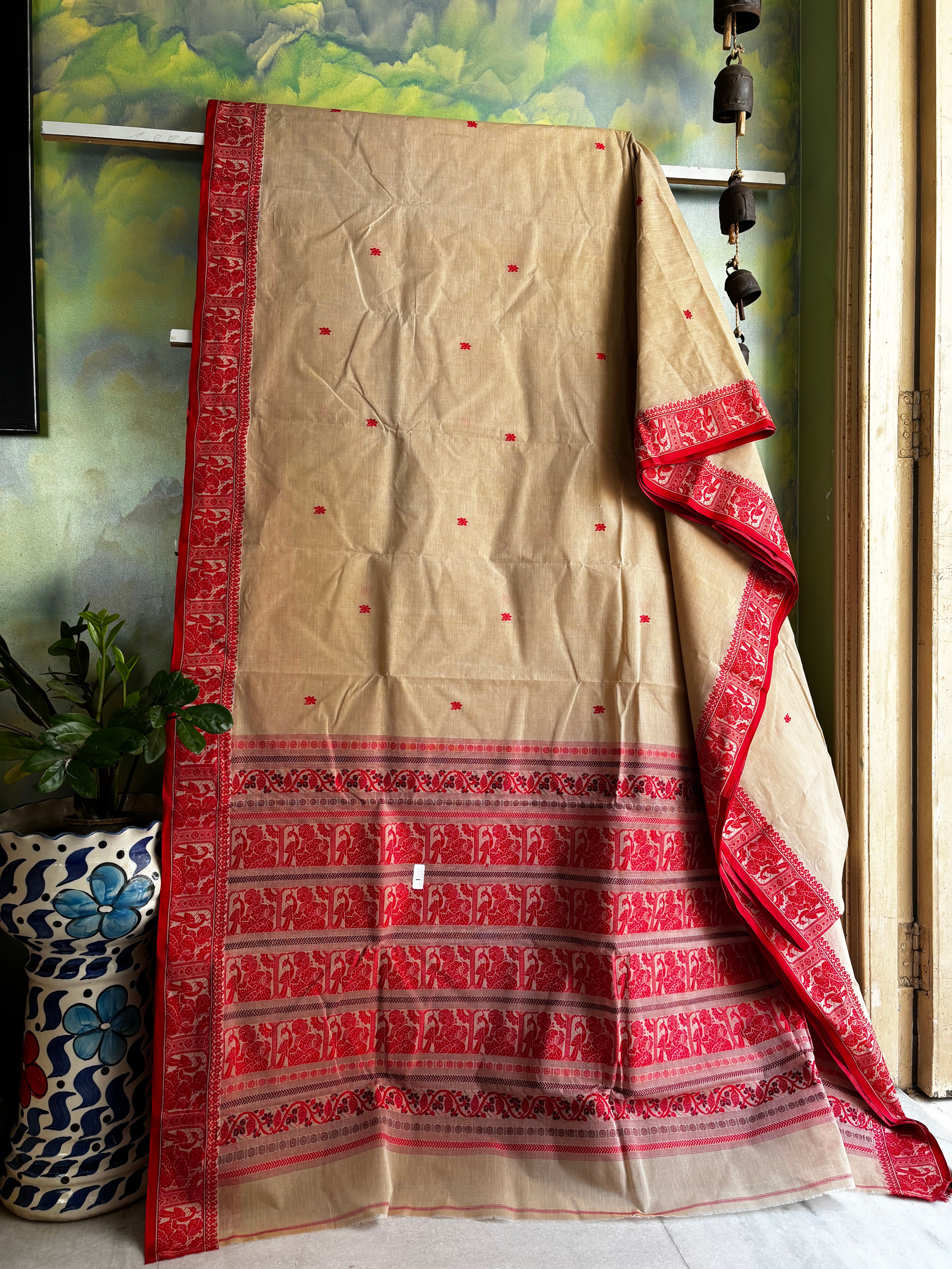 Handwoven Beige Red Cotton Baluchari Saree