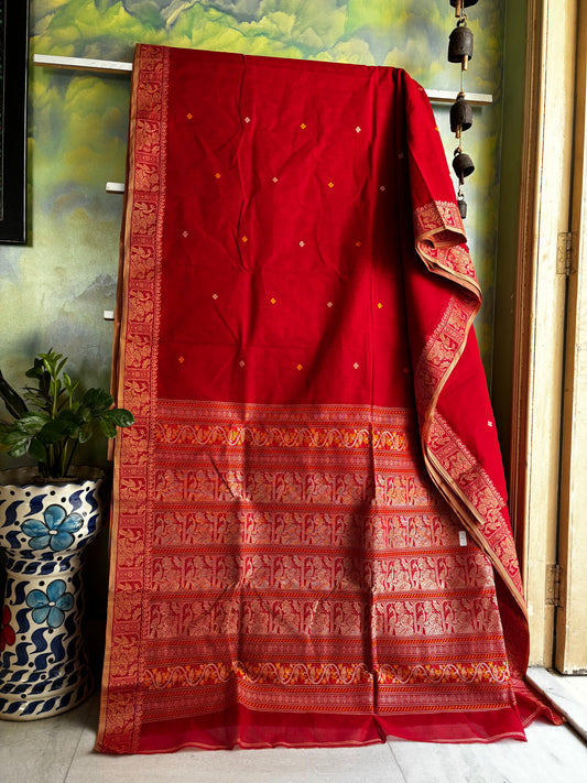 Handwoven Brick Red Cotton Baluchari Saree