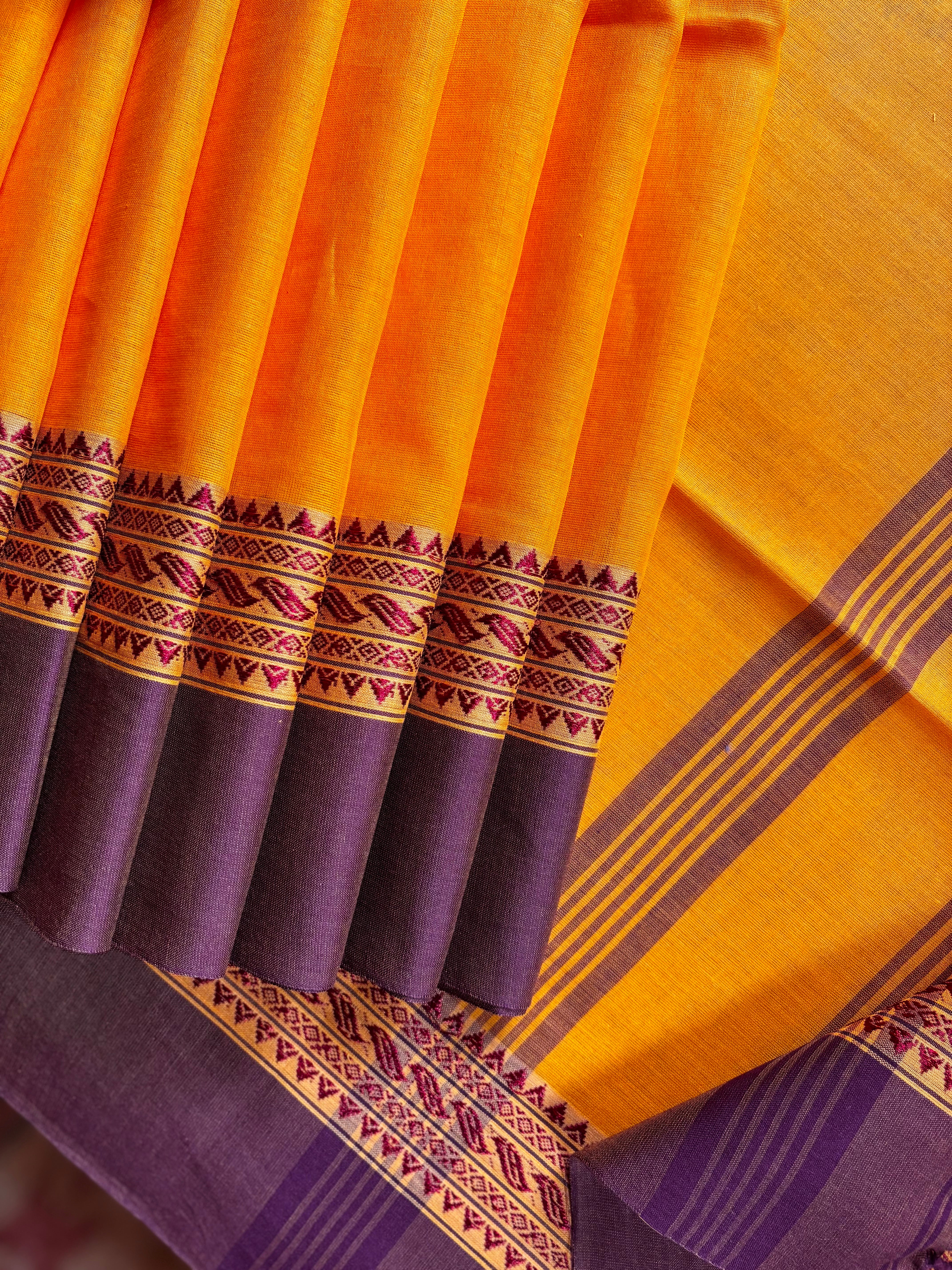 Handwoven Orangish Yellow Phulia Cotton Saree