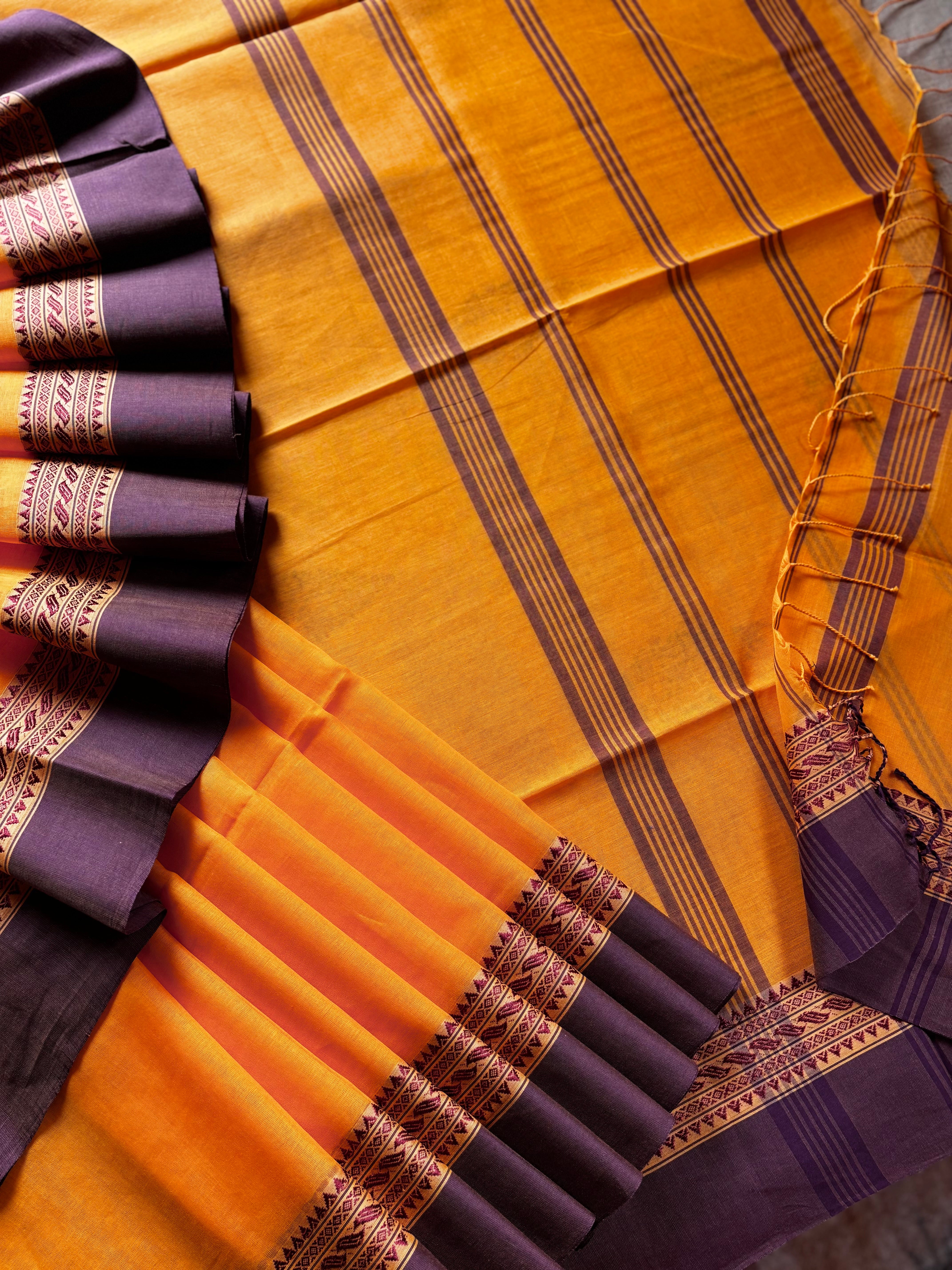 Handwoven Orangish Yellow Phulia Cotton Saree