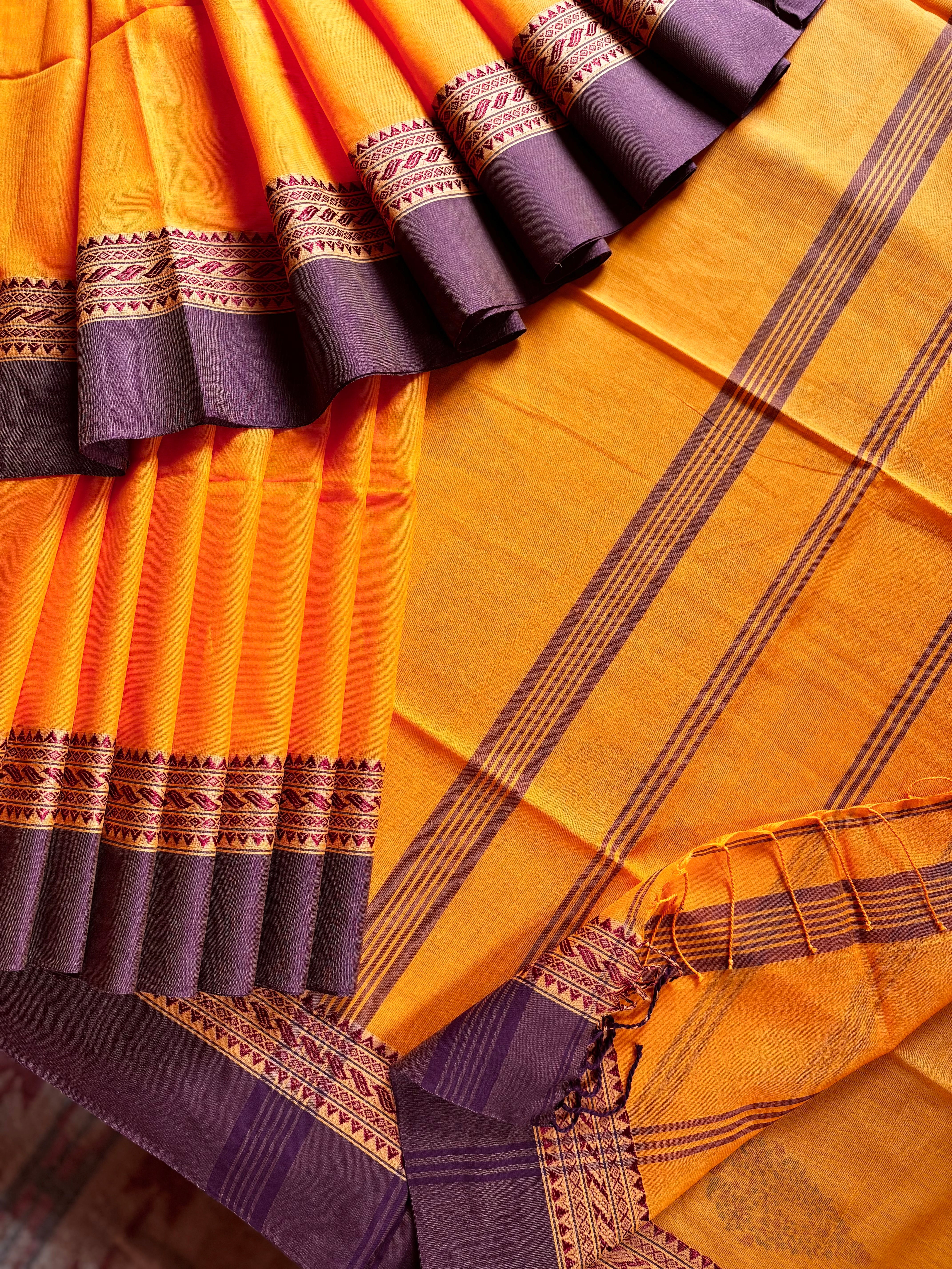 Handwoven Orangish Yellow Phulia Cotton Saree