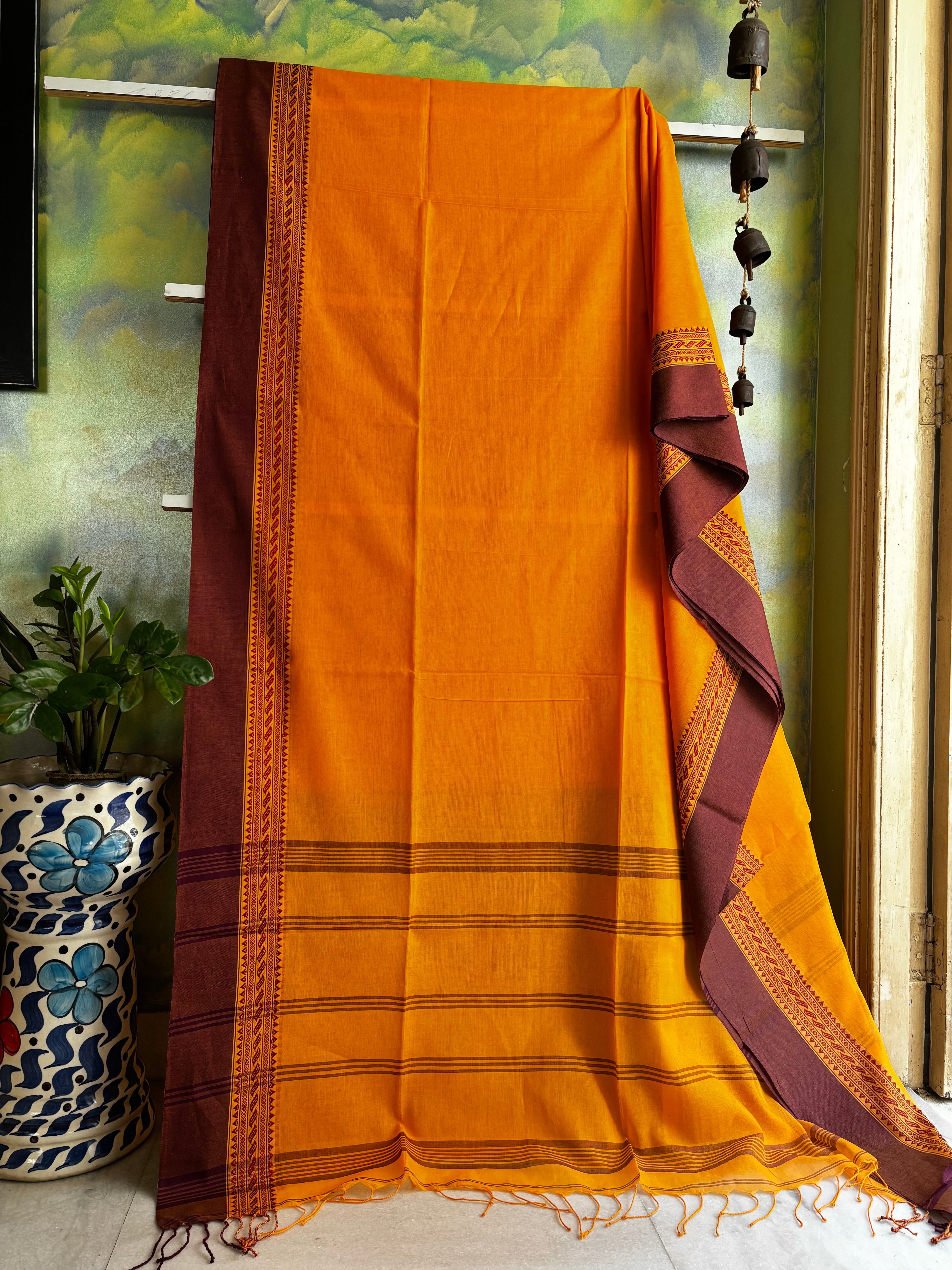 Handwoven Orangish Yellow Phulia Cotton Saree