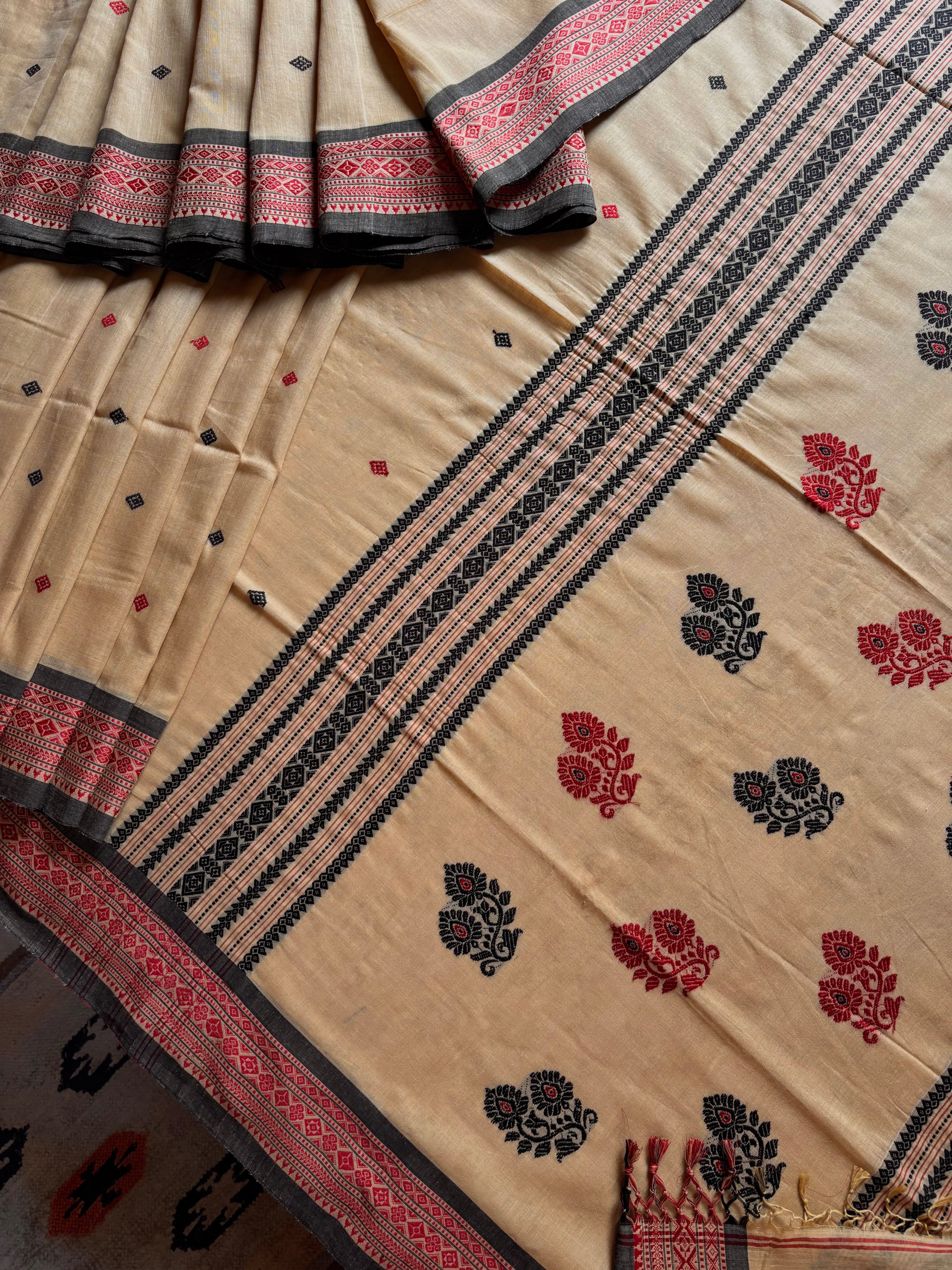 Handwoven Beige Red Black Colour Phulia Cotton Saree