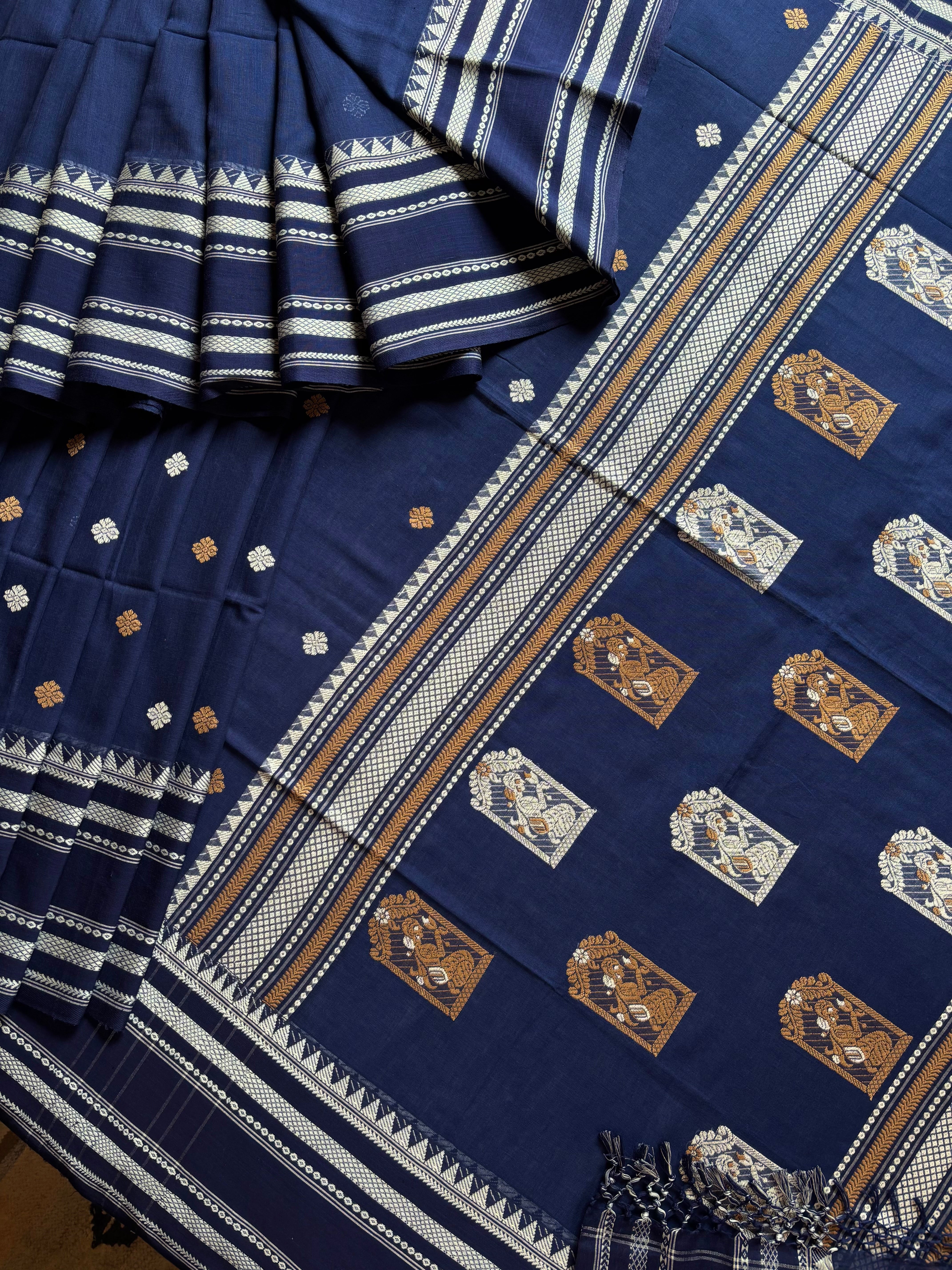 Handwoven Navy Colour Phulia Cotton Saree