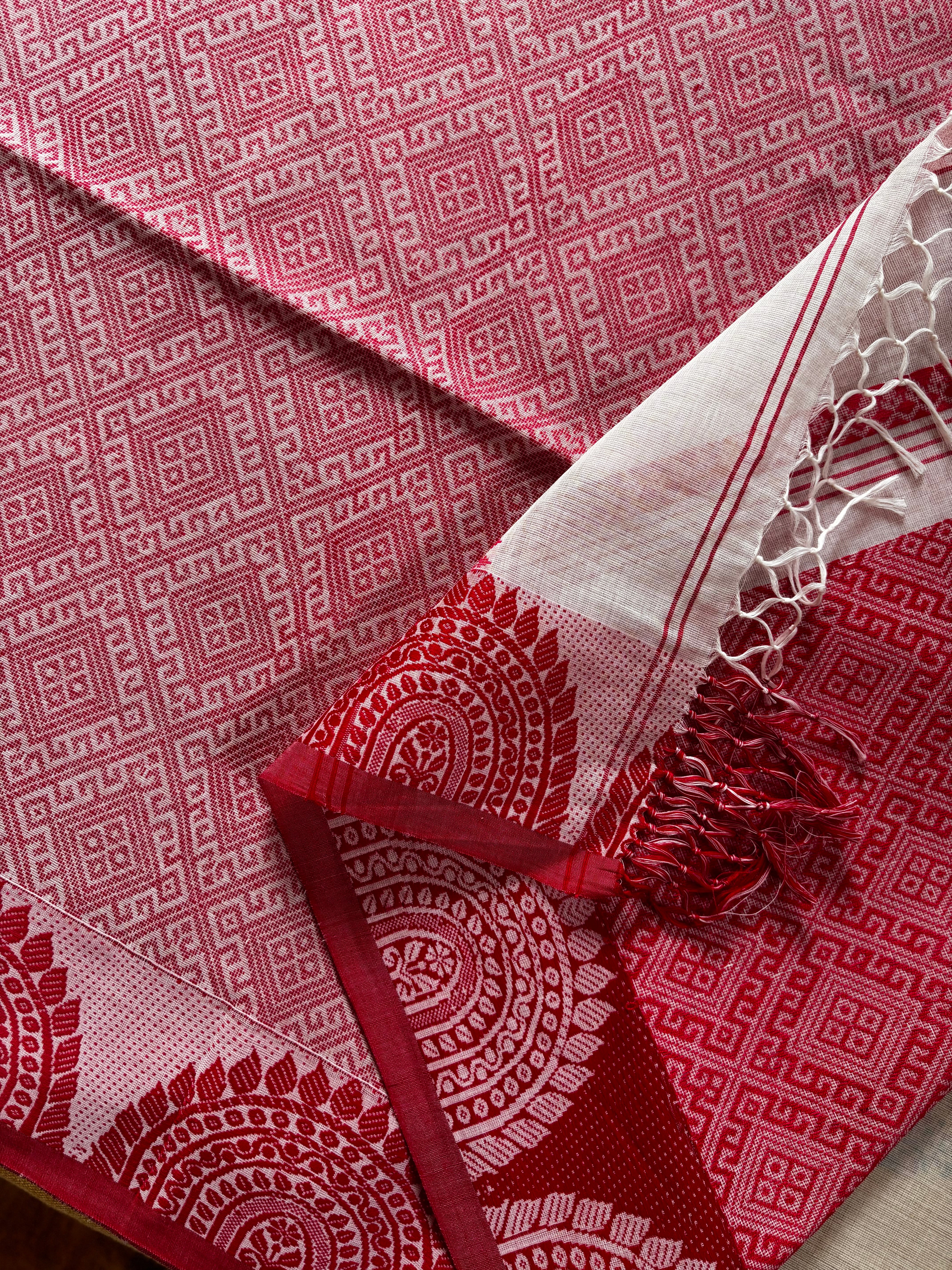 Handwoven White Red Phulia Cotton Saree