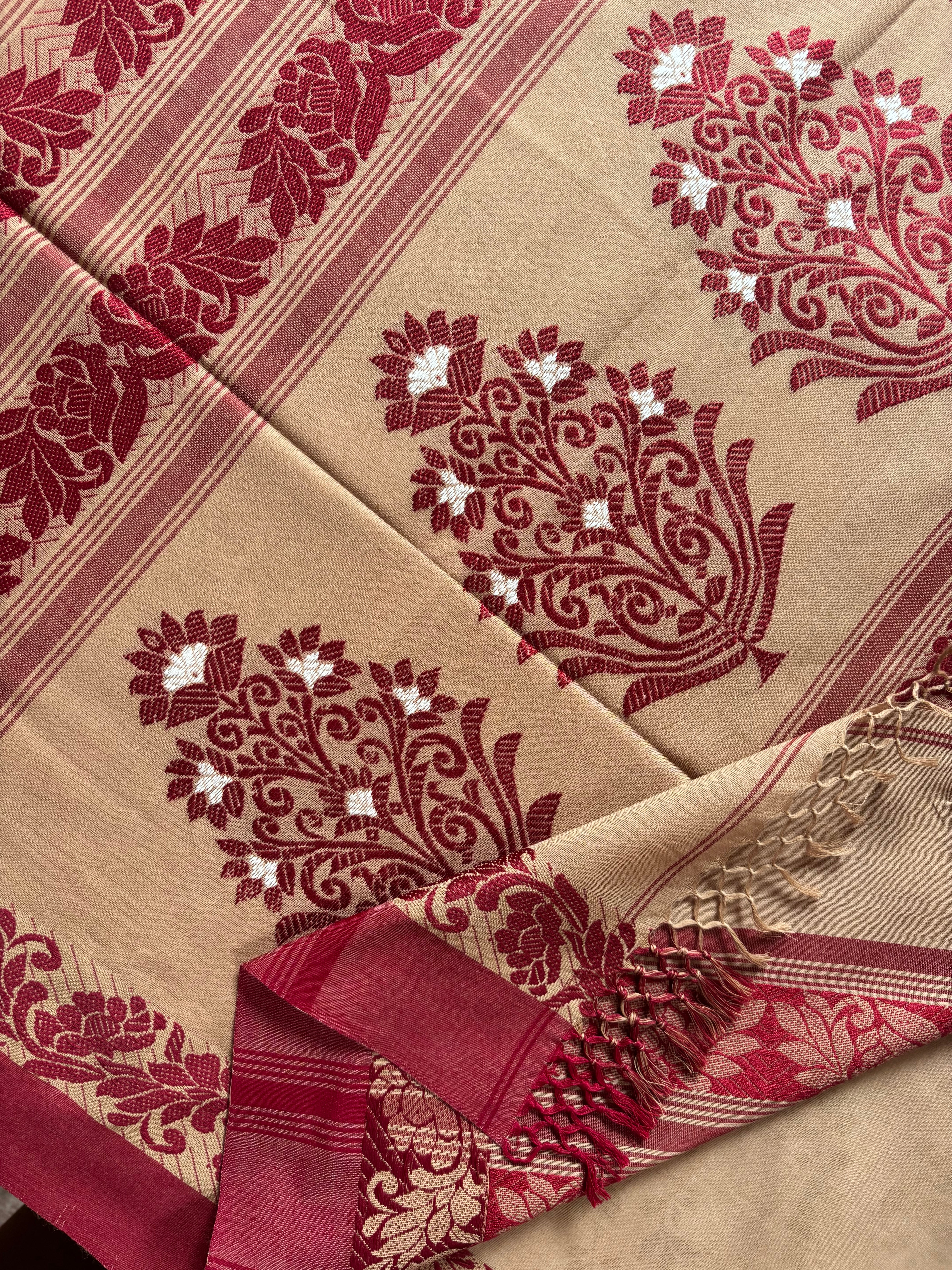 Handwoven Beige Maroon Phulia Cotton Saree