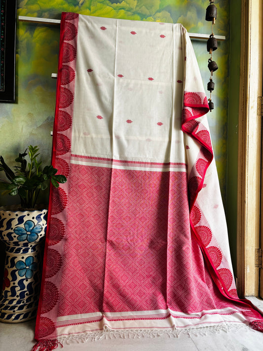 Handwoven White Red Phulia Cotton Saree