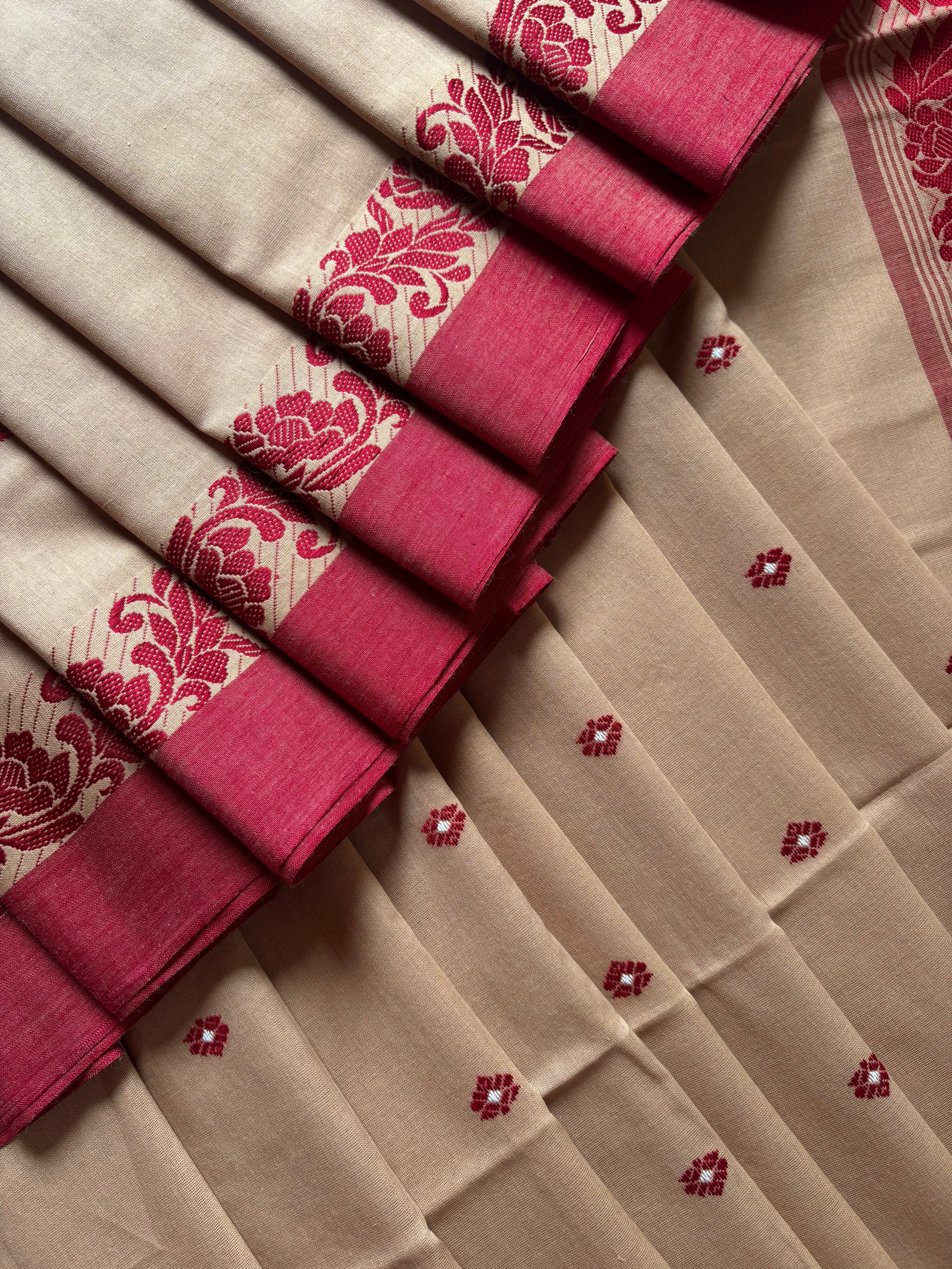Handwoven Beige Maroon Phulia Cotton Saree