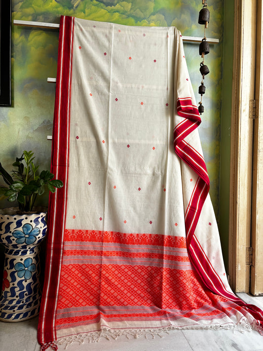 Handwoven White Red Orange Phulia Cotton Saree