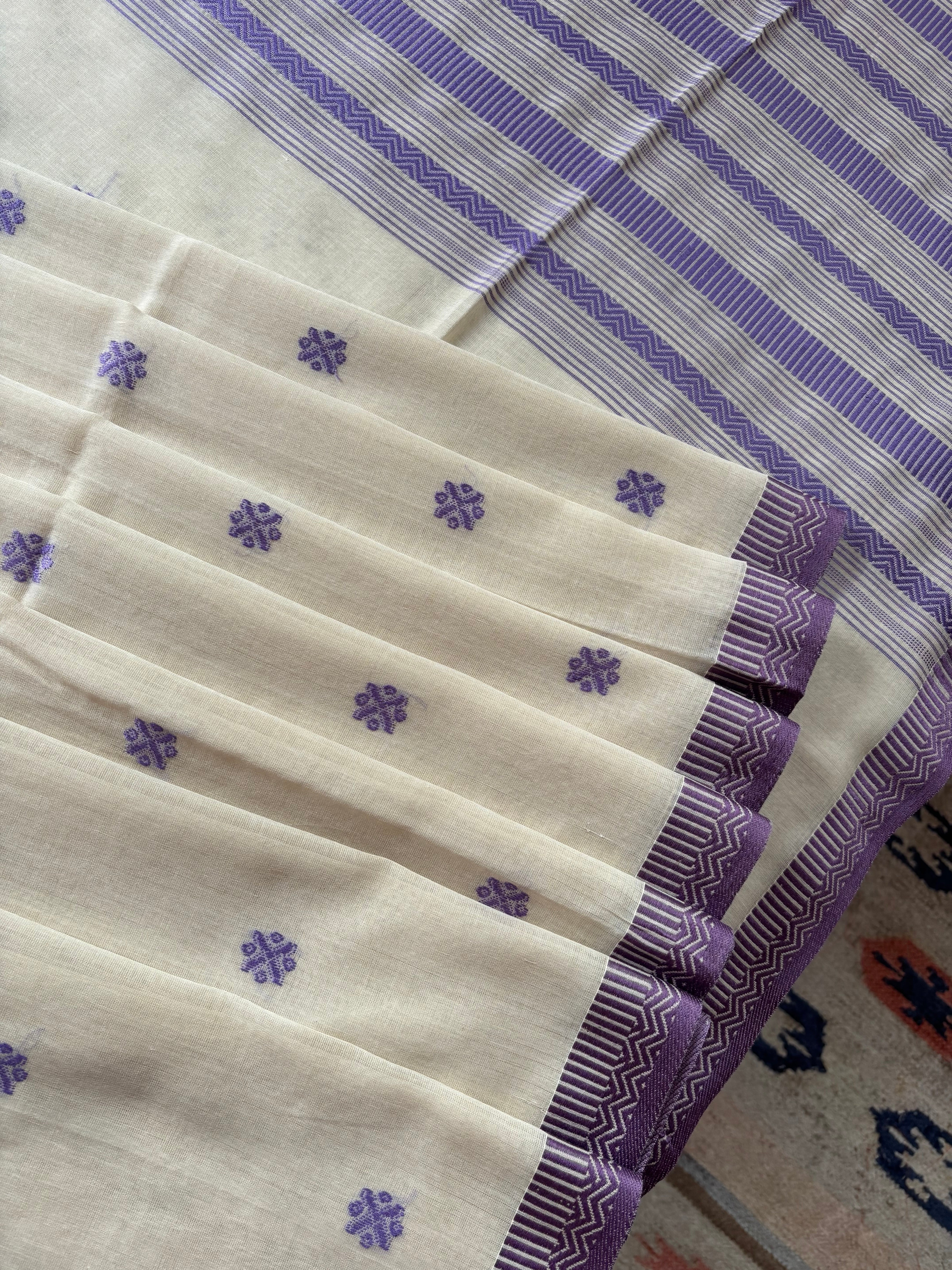 Handwoven Beige Lavender Phulia Cotton Saree
