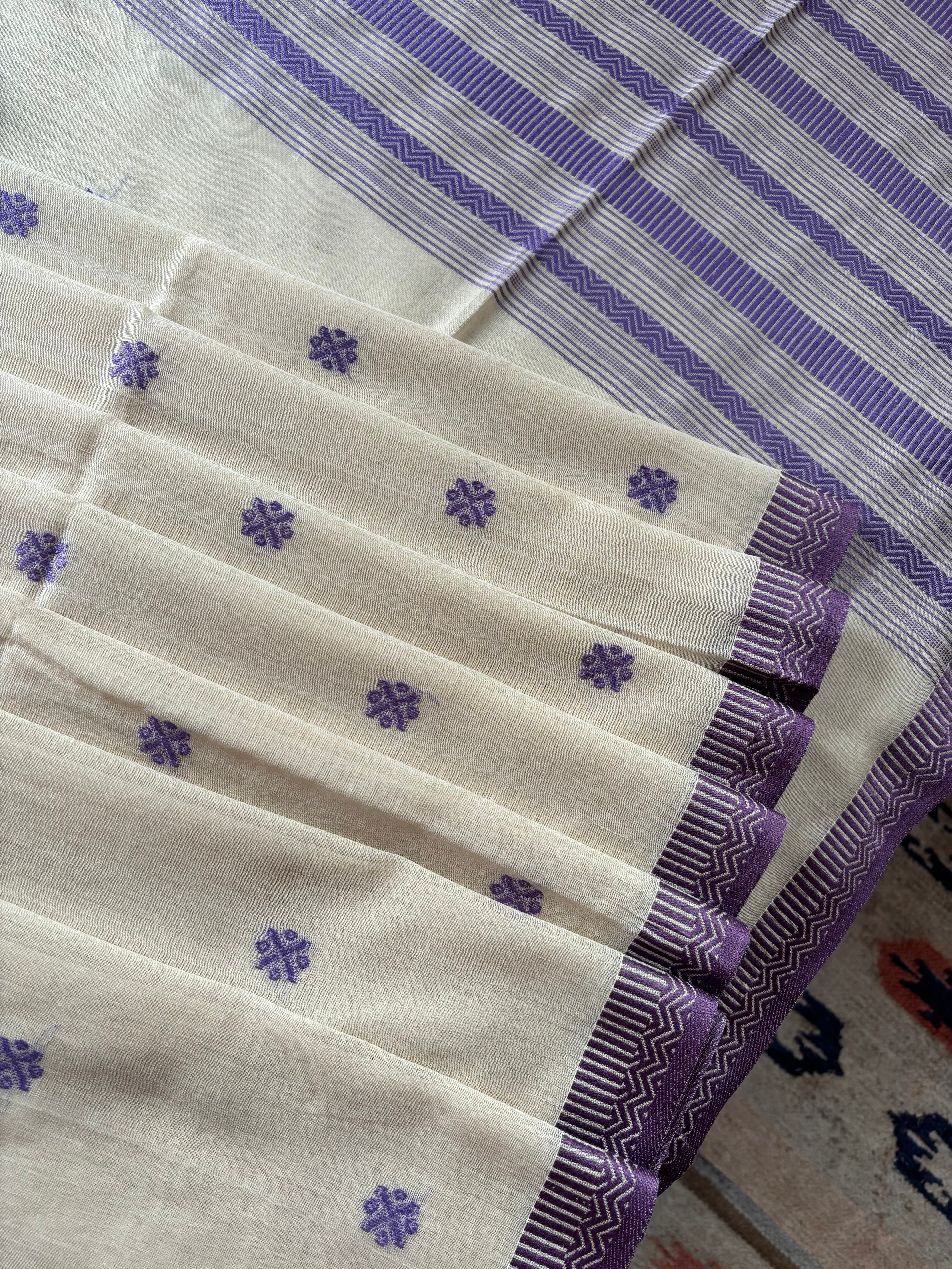 Handwoven Beige Lavender Phulia Cotton Saree