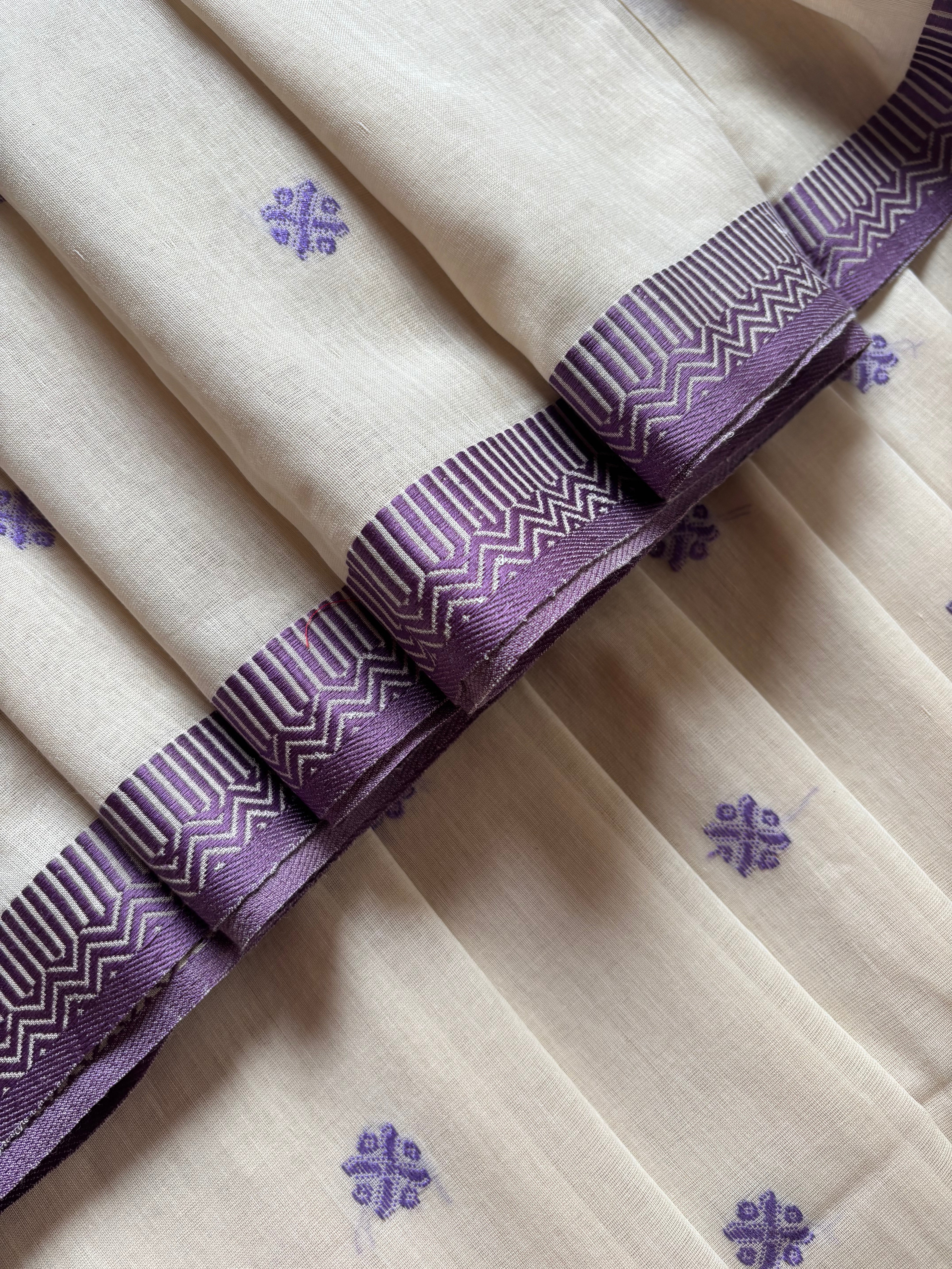 Handwoven Beige Lavender Phulia Cotton Saree