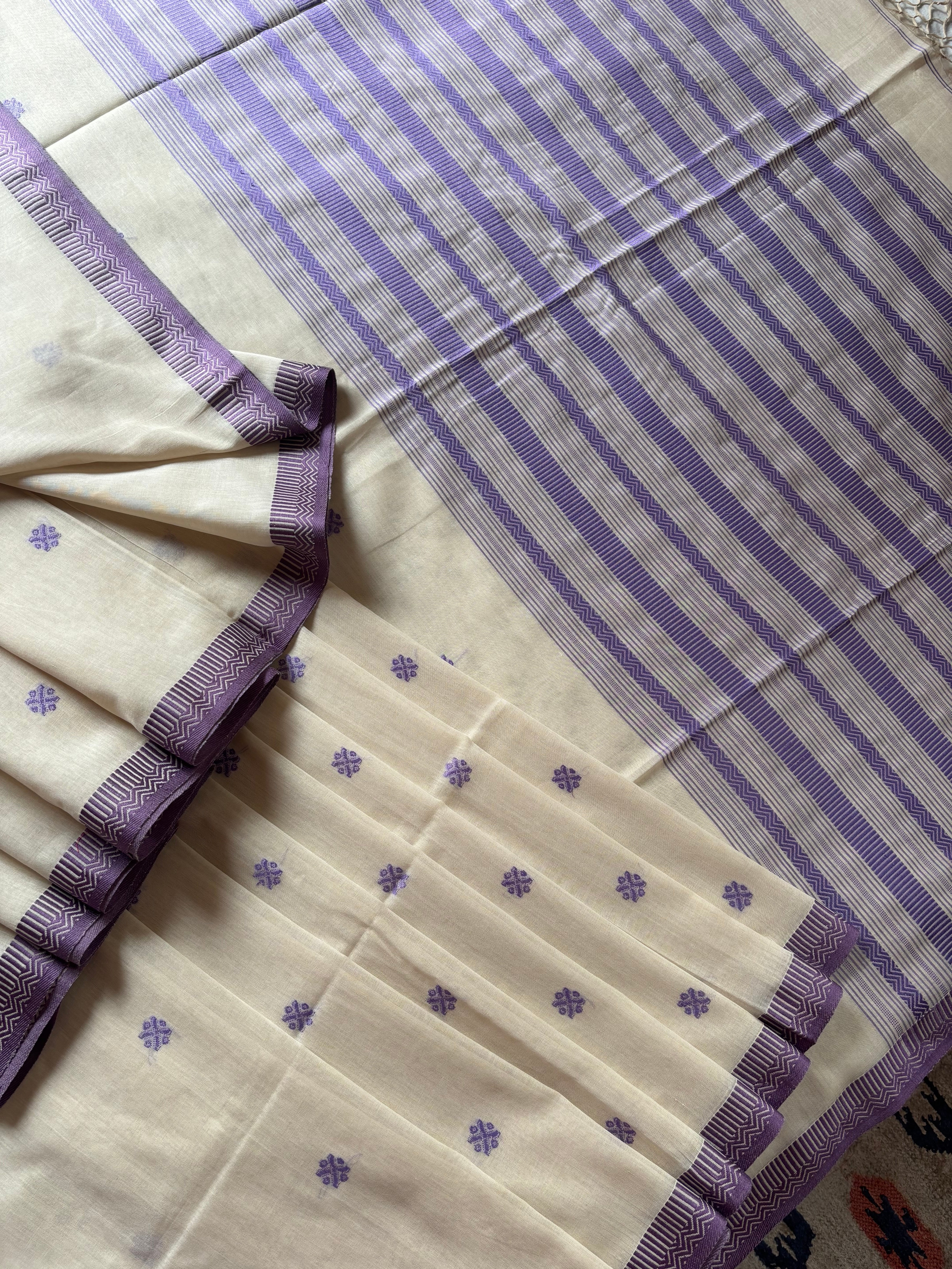 Handwoven Beige Lavender Phulia Cotton Saree