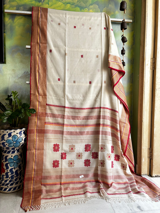 Handwoven Offwhite Red Phulia Cotton Saree