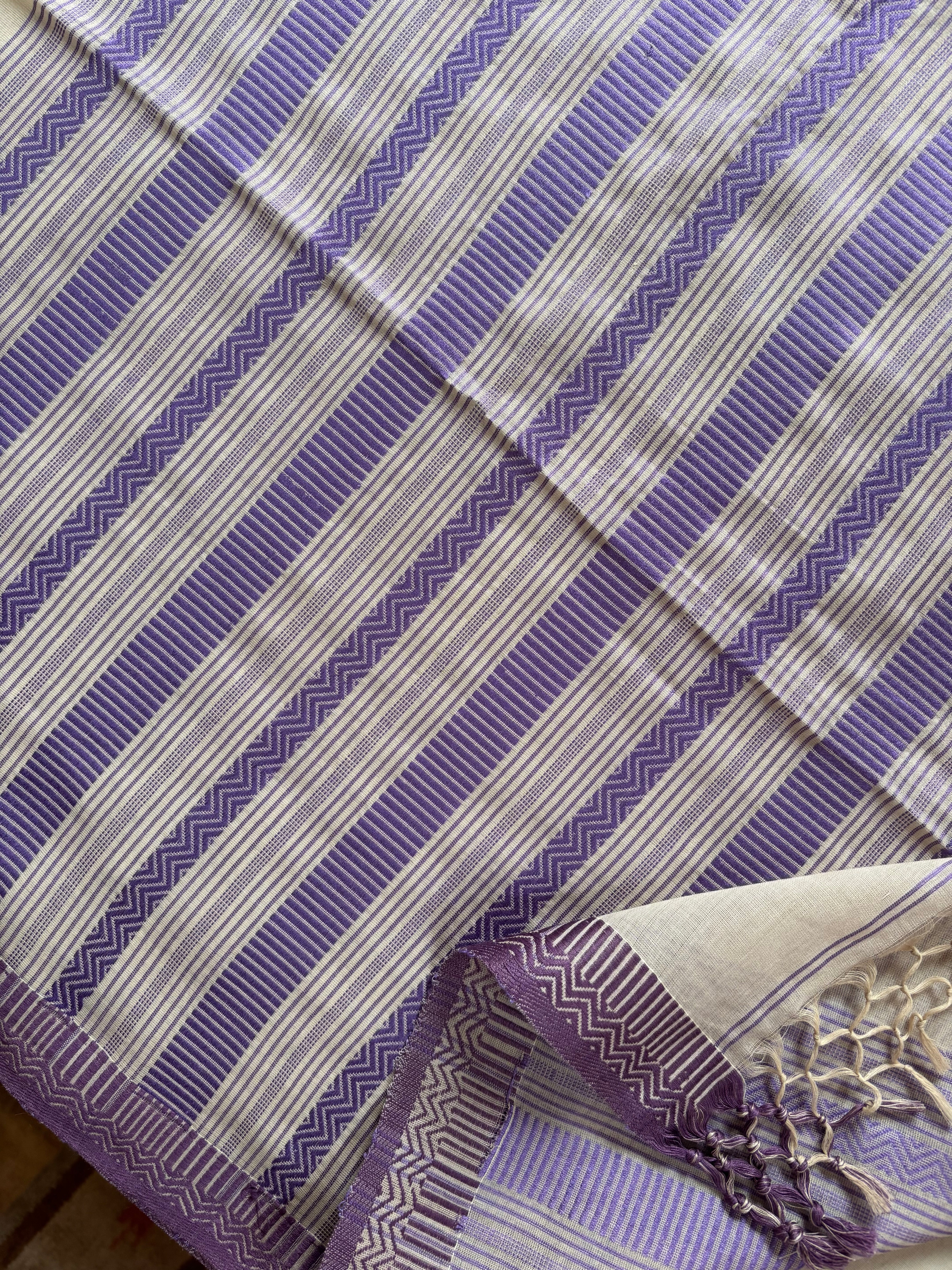 Handwoven Beige Lavender Phulia Cotton Saree