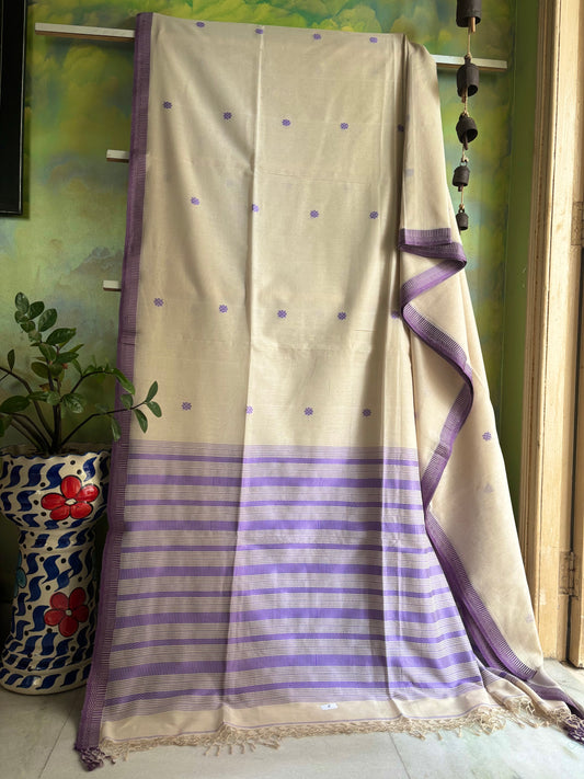 Handwoven Beige Lavender Phulia Cotton Saree