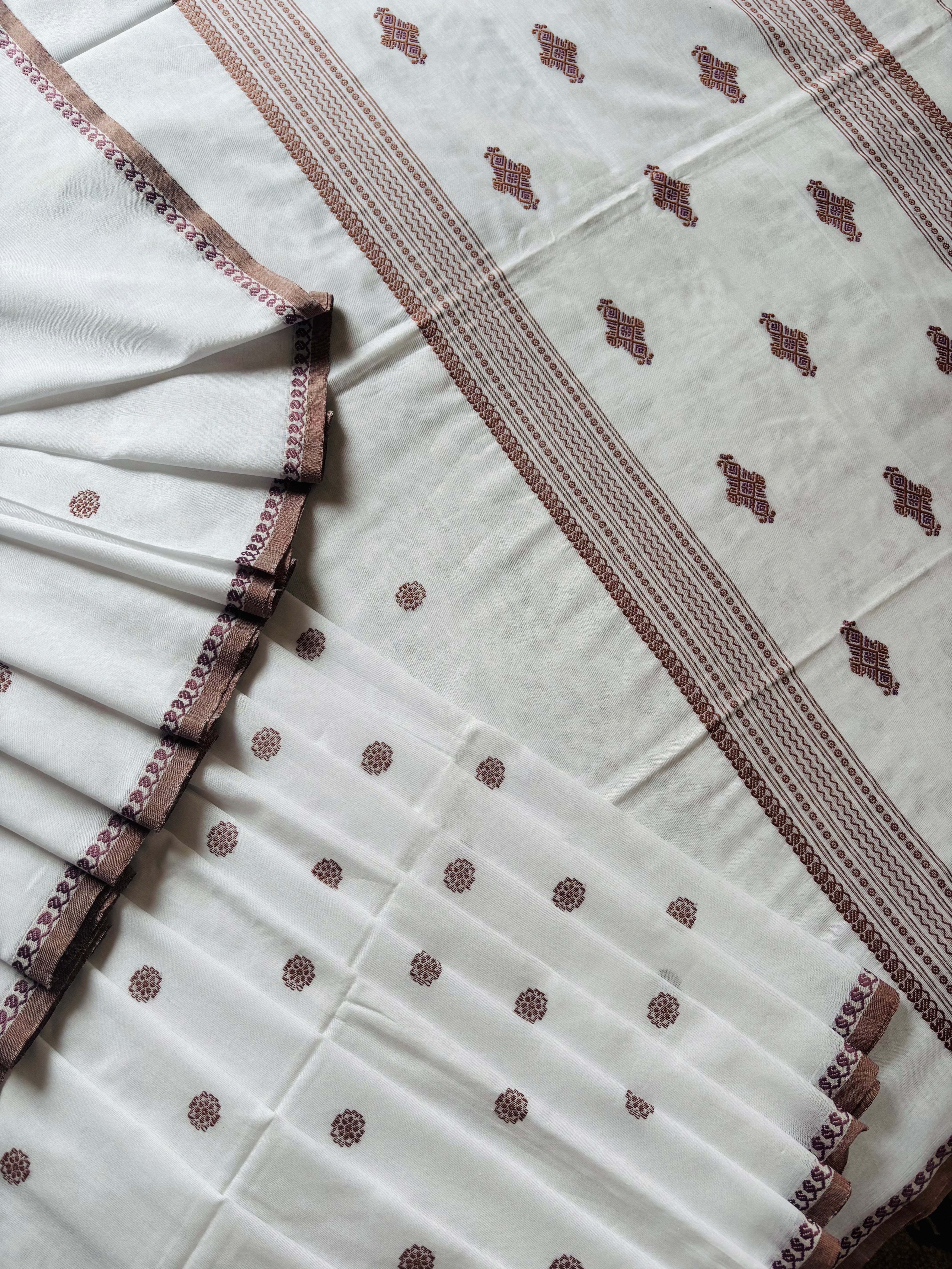Handwoven White Brown Phulia Cotton Saree
