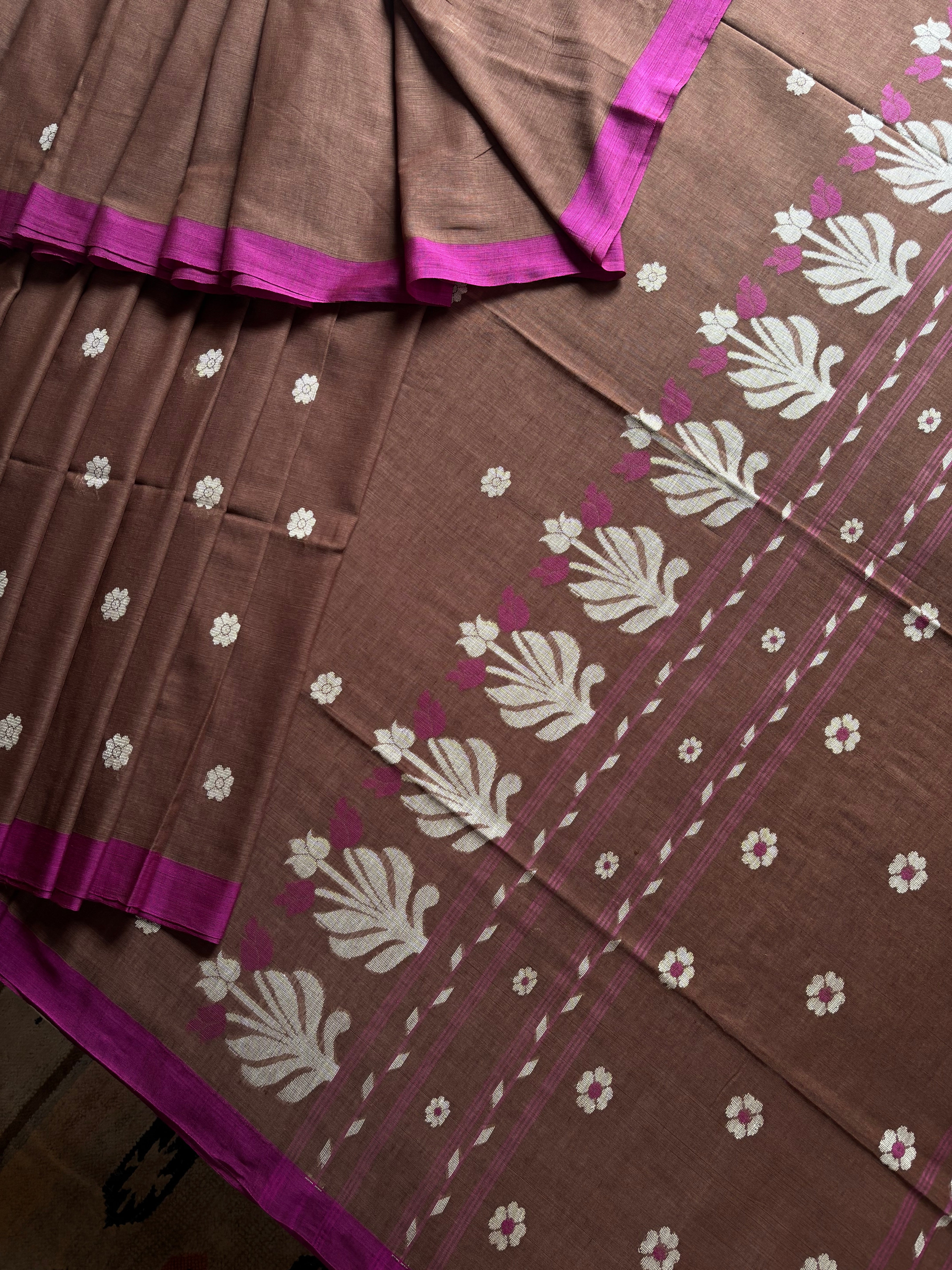 Handwoven Brown Purple Cotton Jamdani Saree