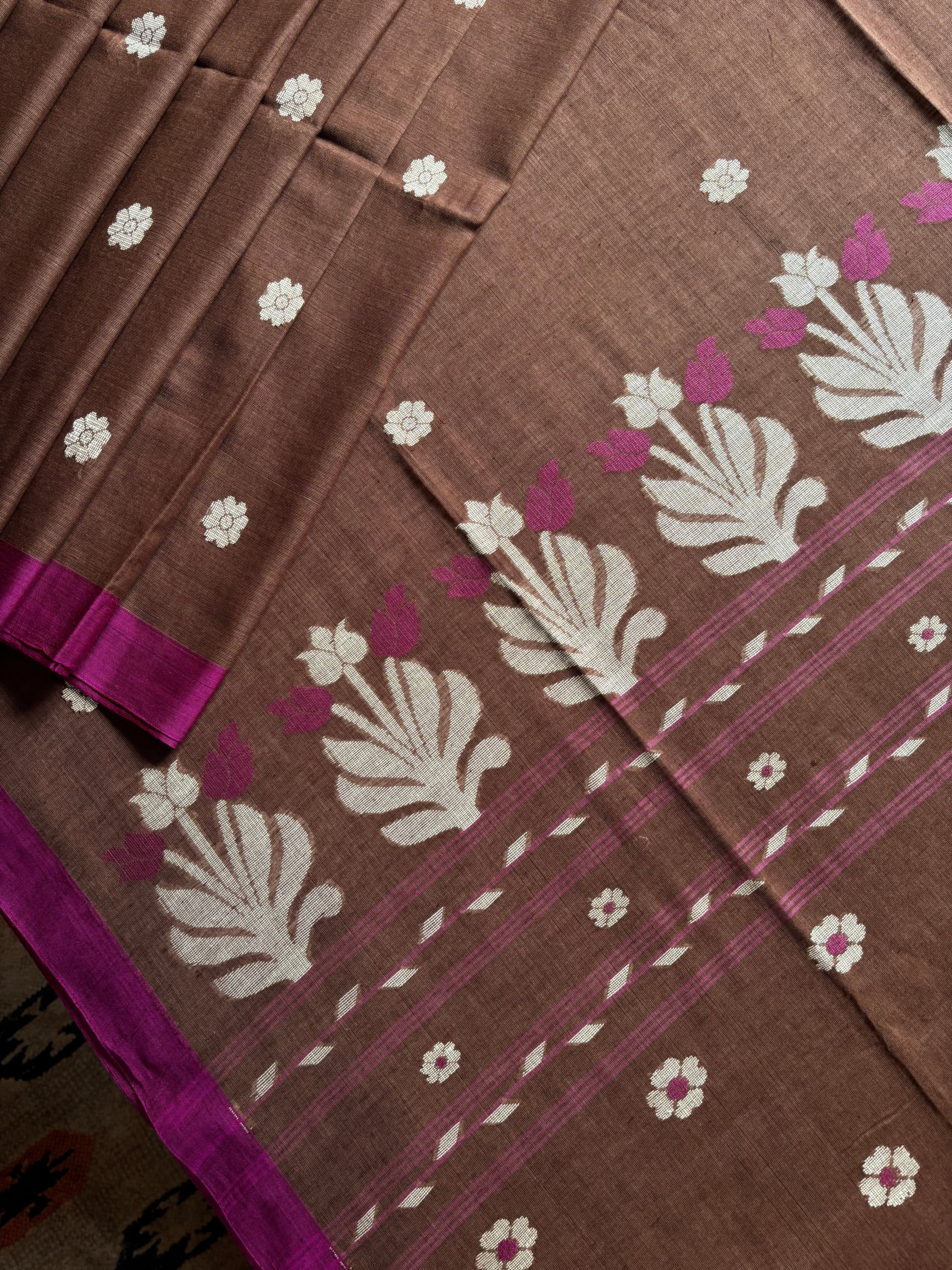 Handwoven Brown Purple Cotton Jamdani Saree