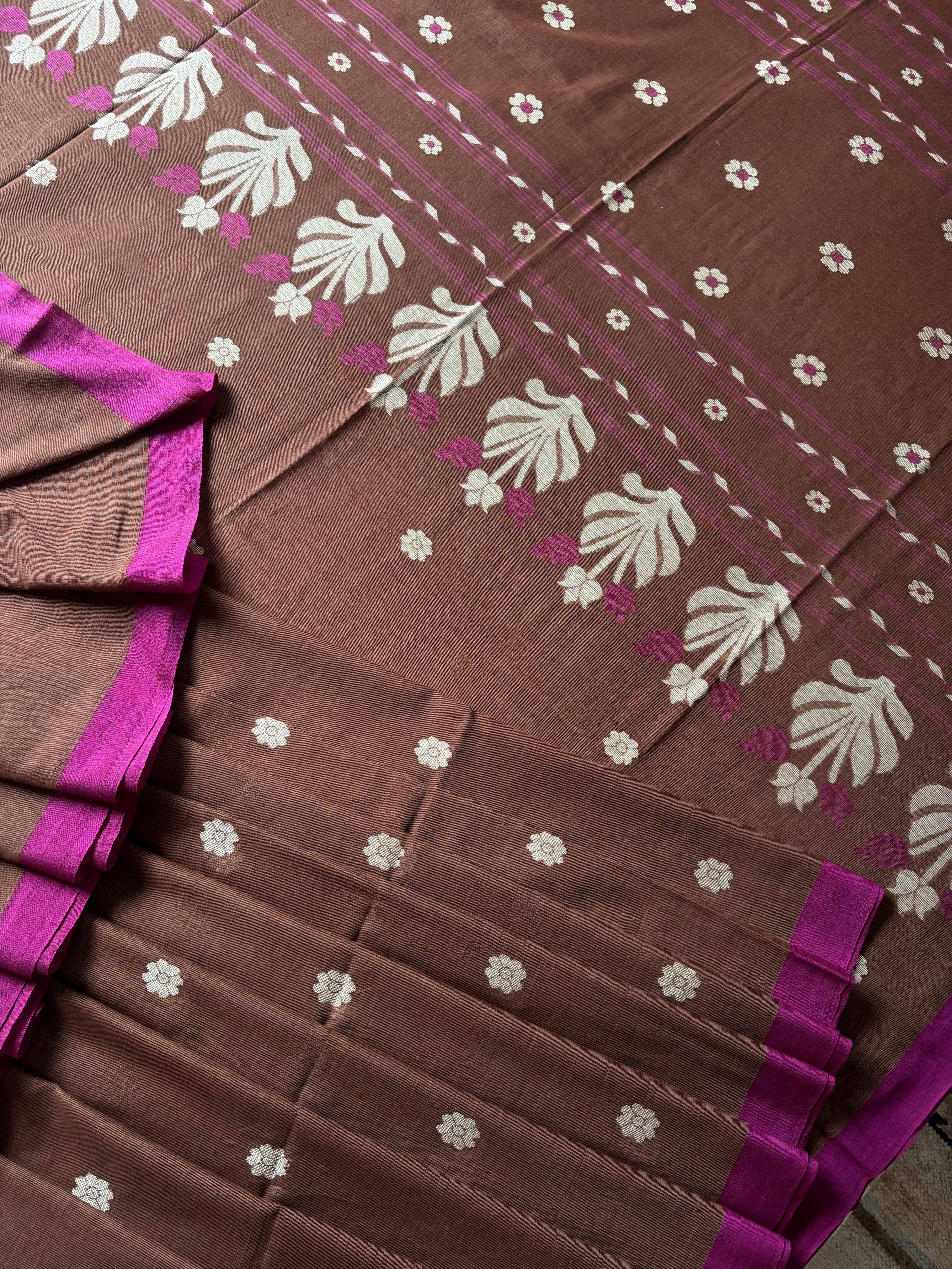 Handwoven Brown Purple Cotton Jamdani Saree