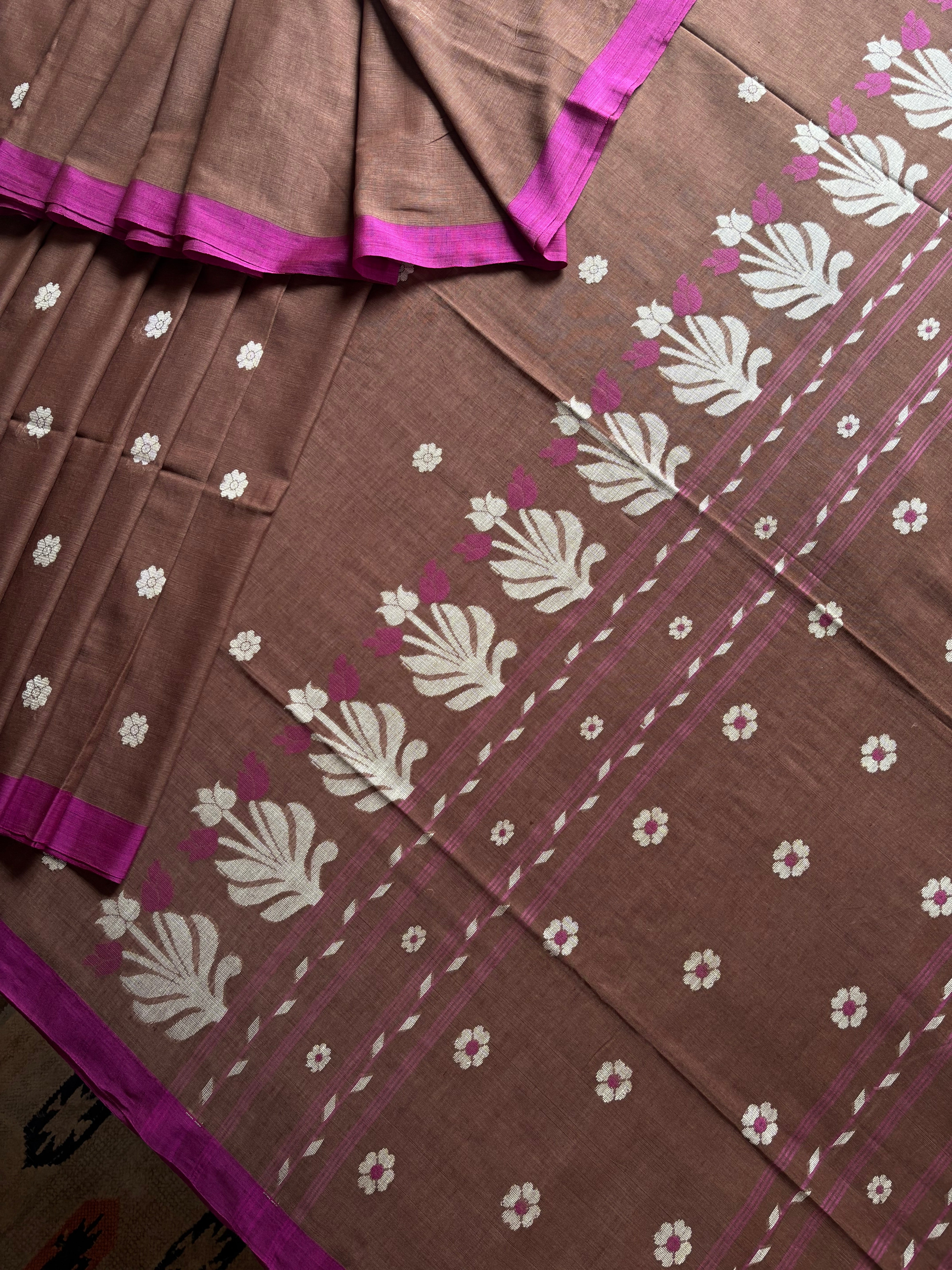 Handwoven Brown Purple Cotton Jamdani Saree