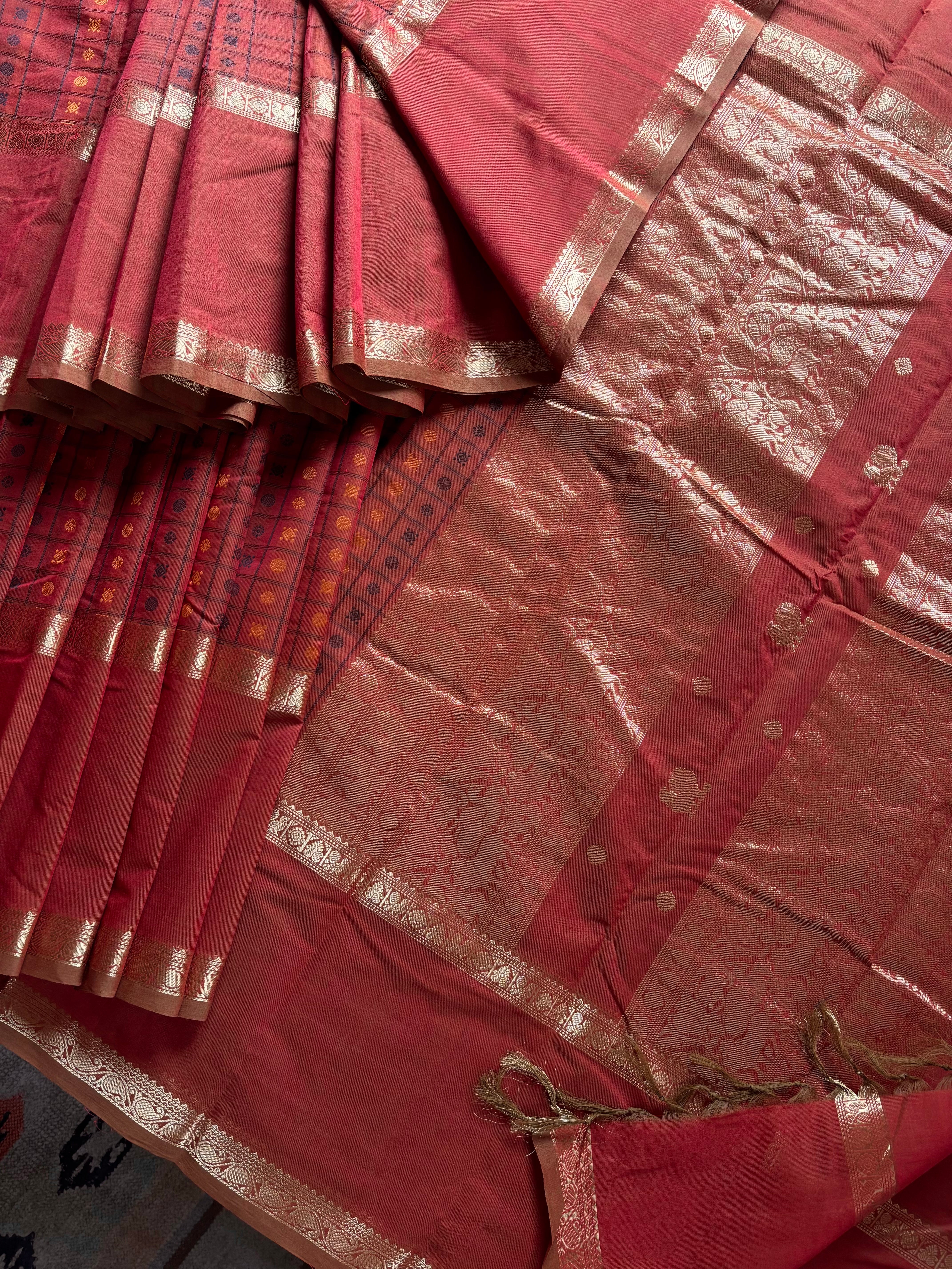 Handwoven Rust Colour Kanchipuram Cotton Saree