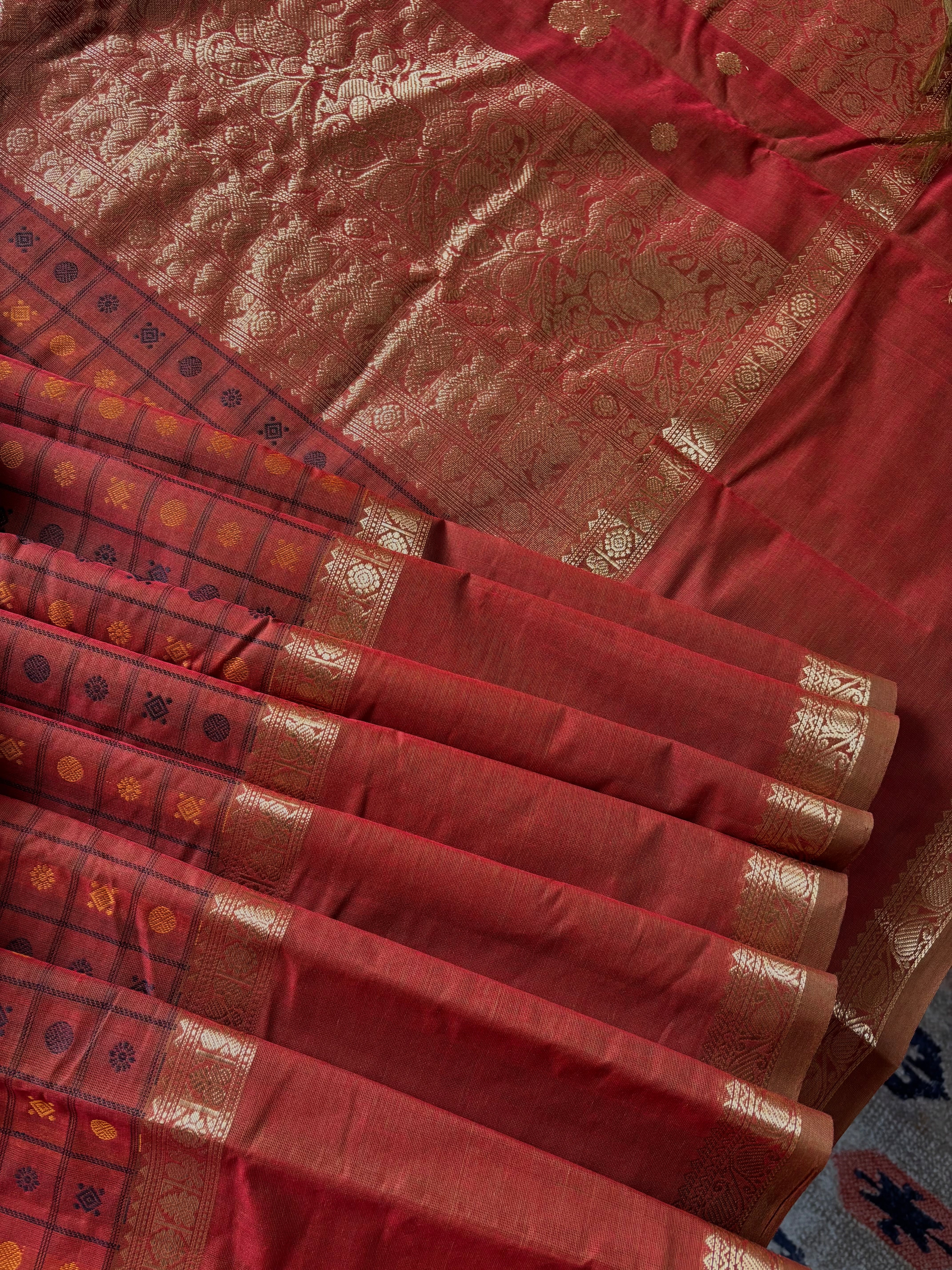 Handwoven Rust Colour Kanchipuram Cotton Saree