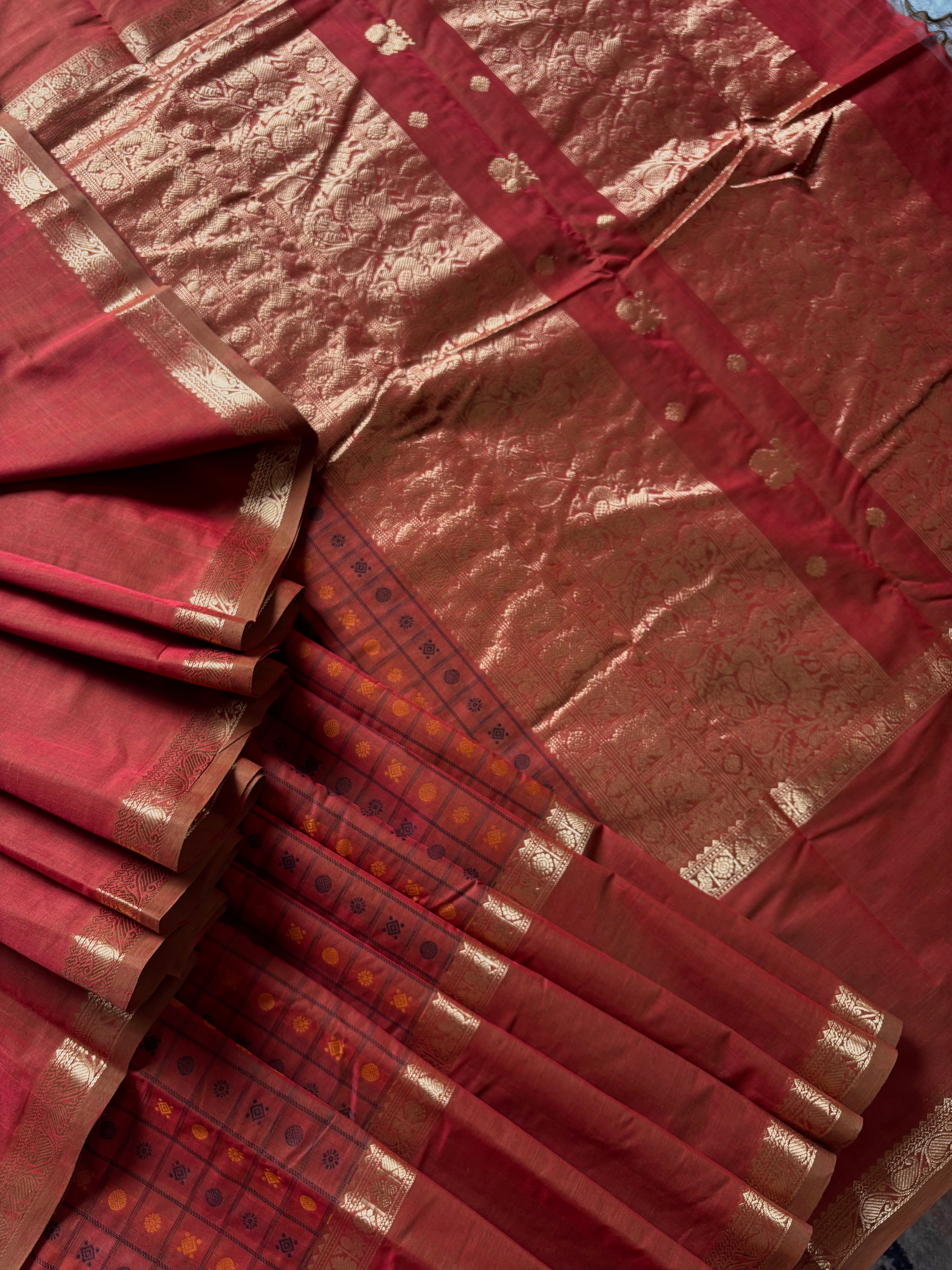 Handwoven Rust Colour Kanchipuram Cotton Saree