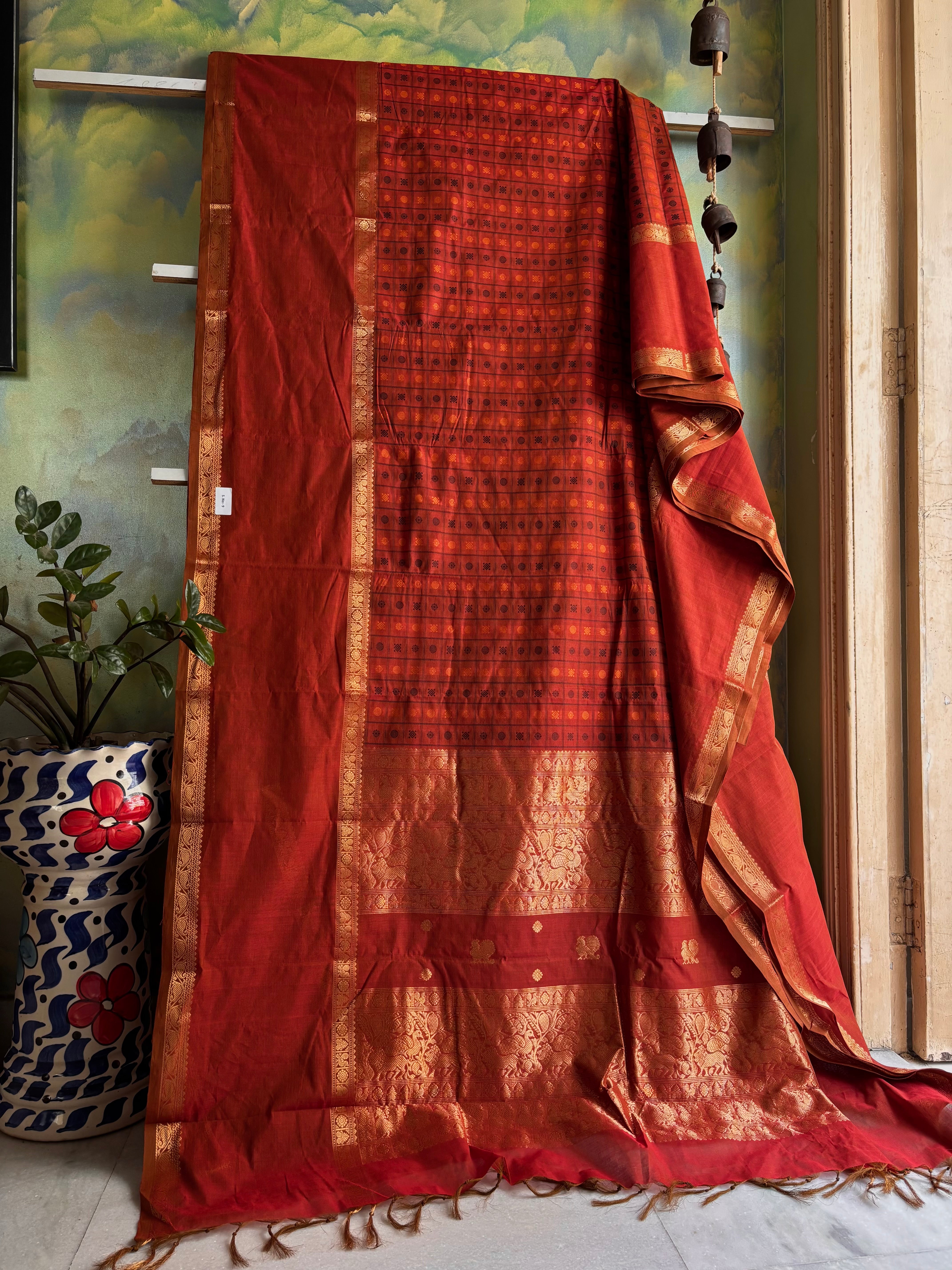 Handwoven Rust Colour Kanchipuram Cotton Saree