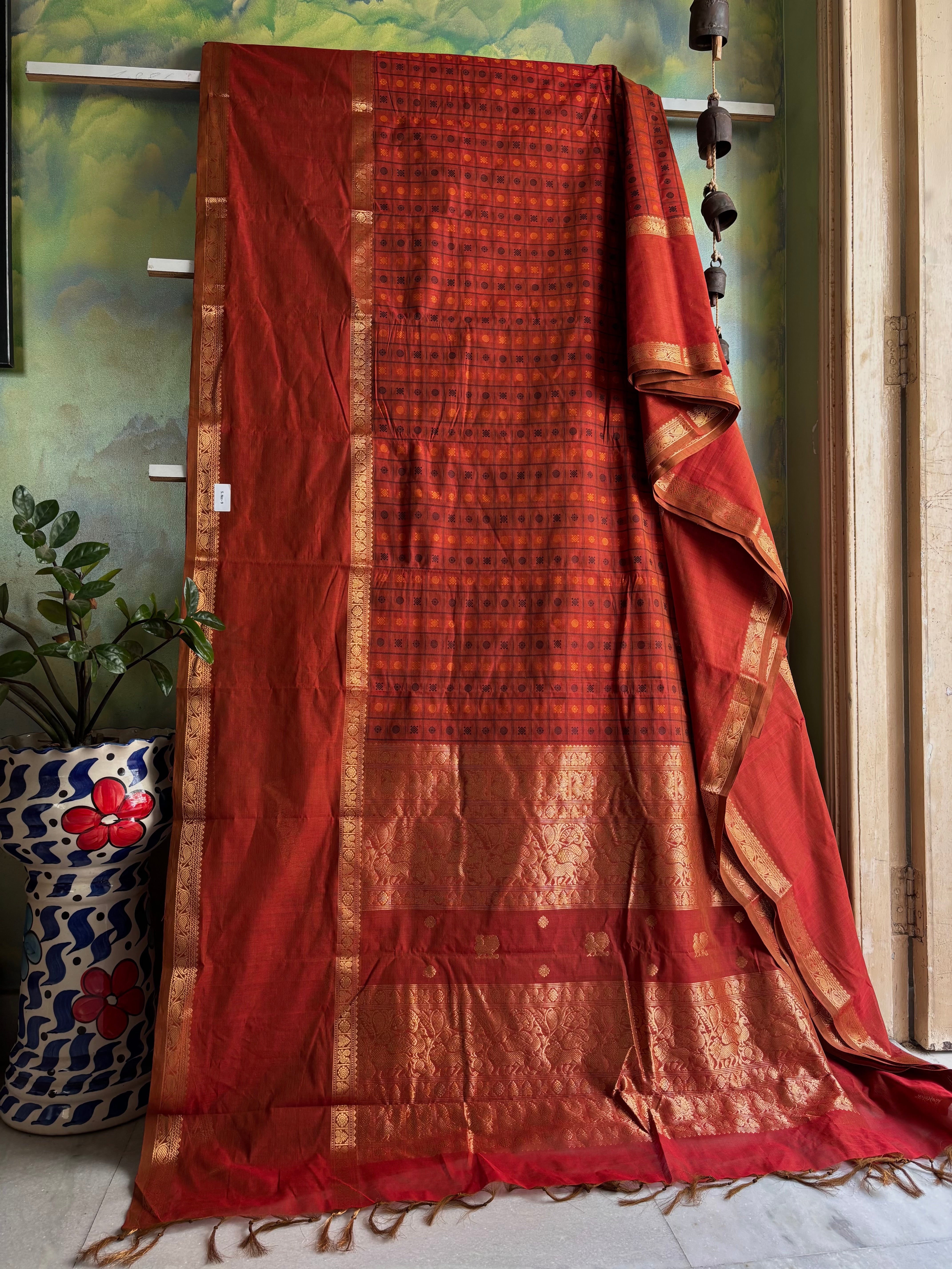 Handwoven Rust Colour Kanchipuram Cotton Saree
