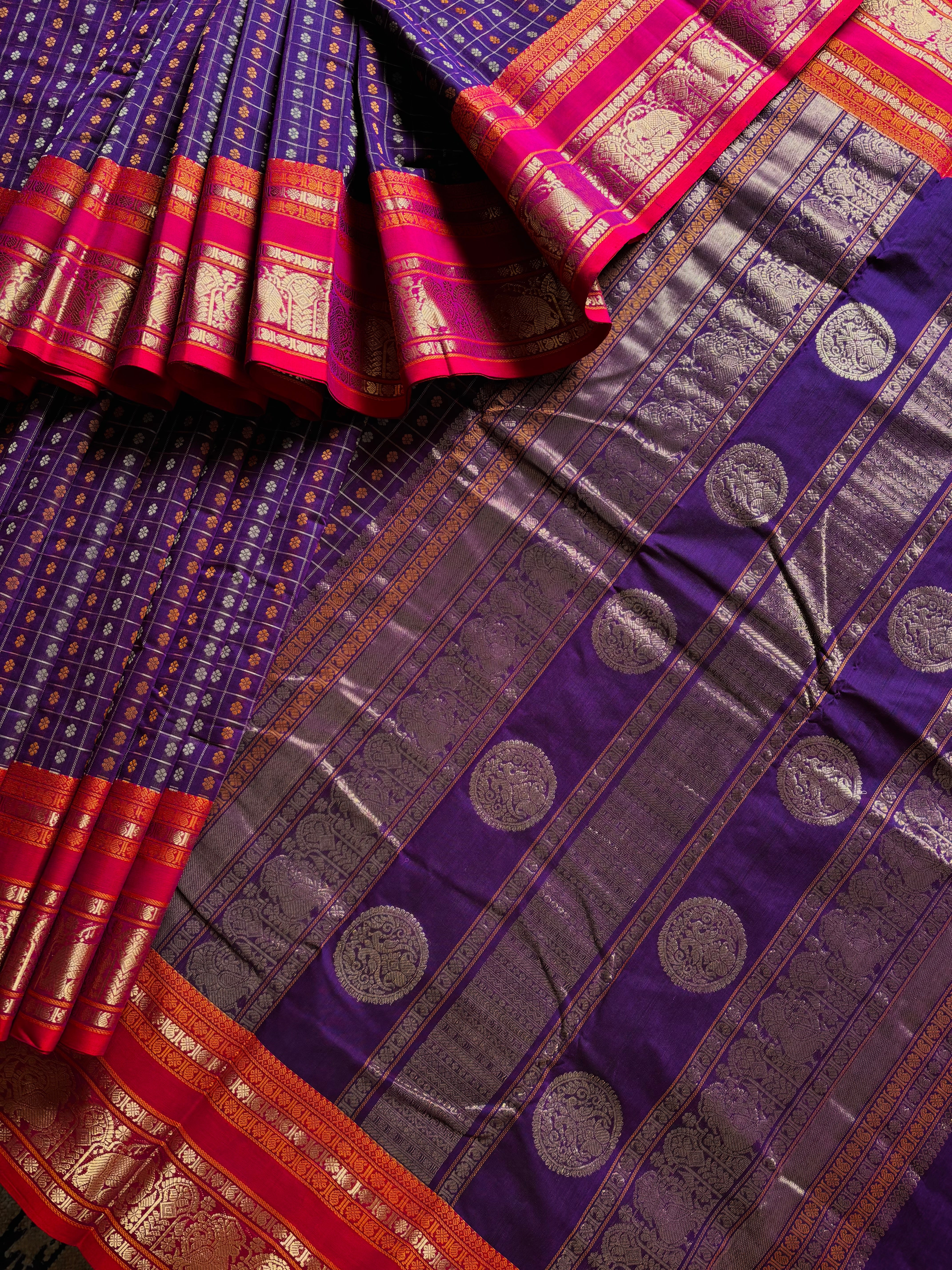 Handwoven Purple Colour Kanchipuram Cotton Aayirum Butta Saree