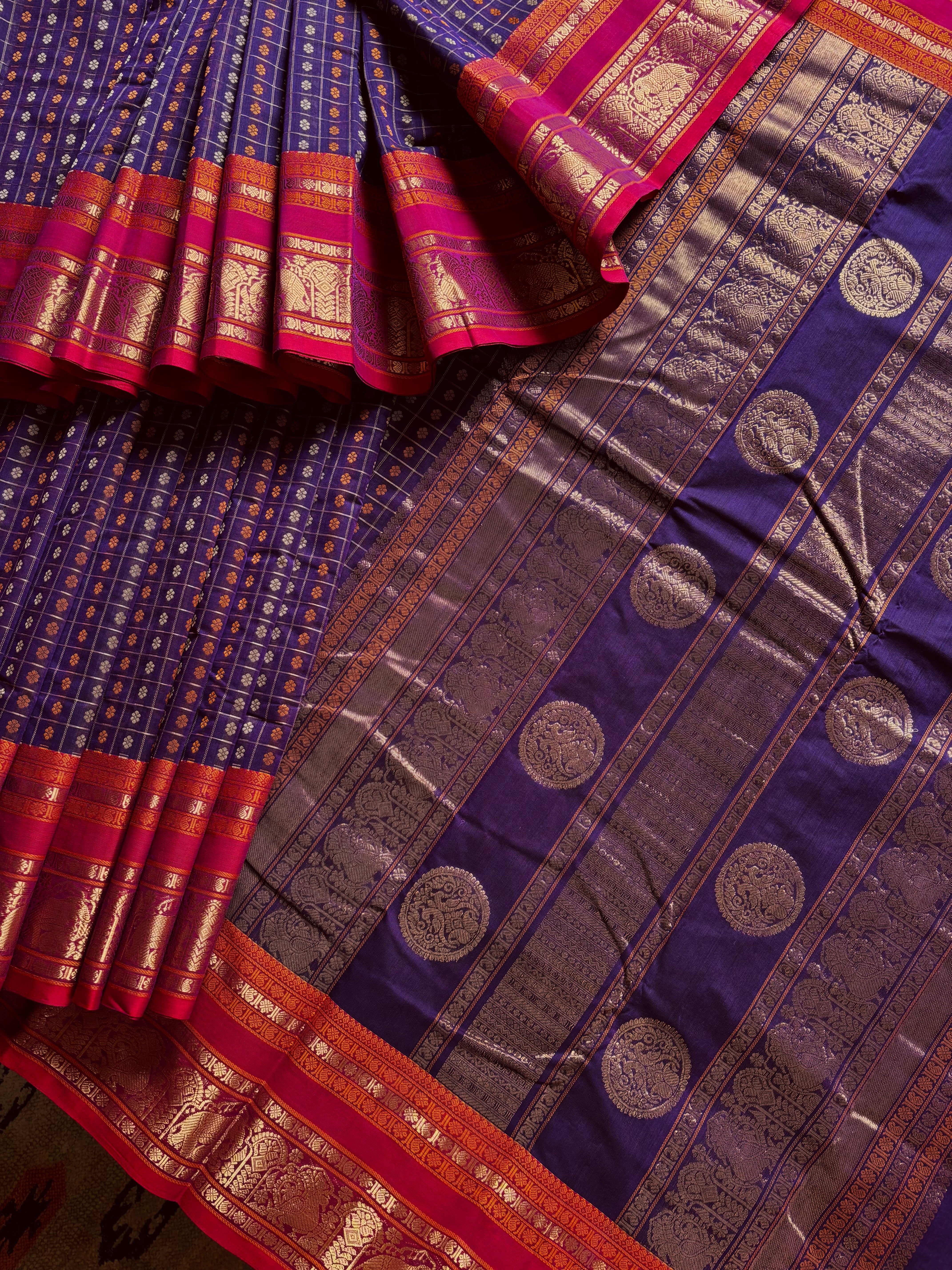 Handwoven Purple Colour Kanchipuram Cotton Aayirum Butta Saree