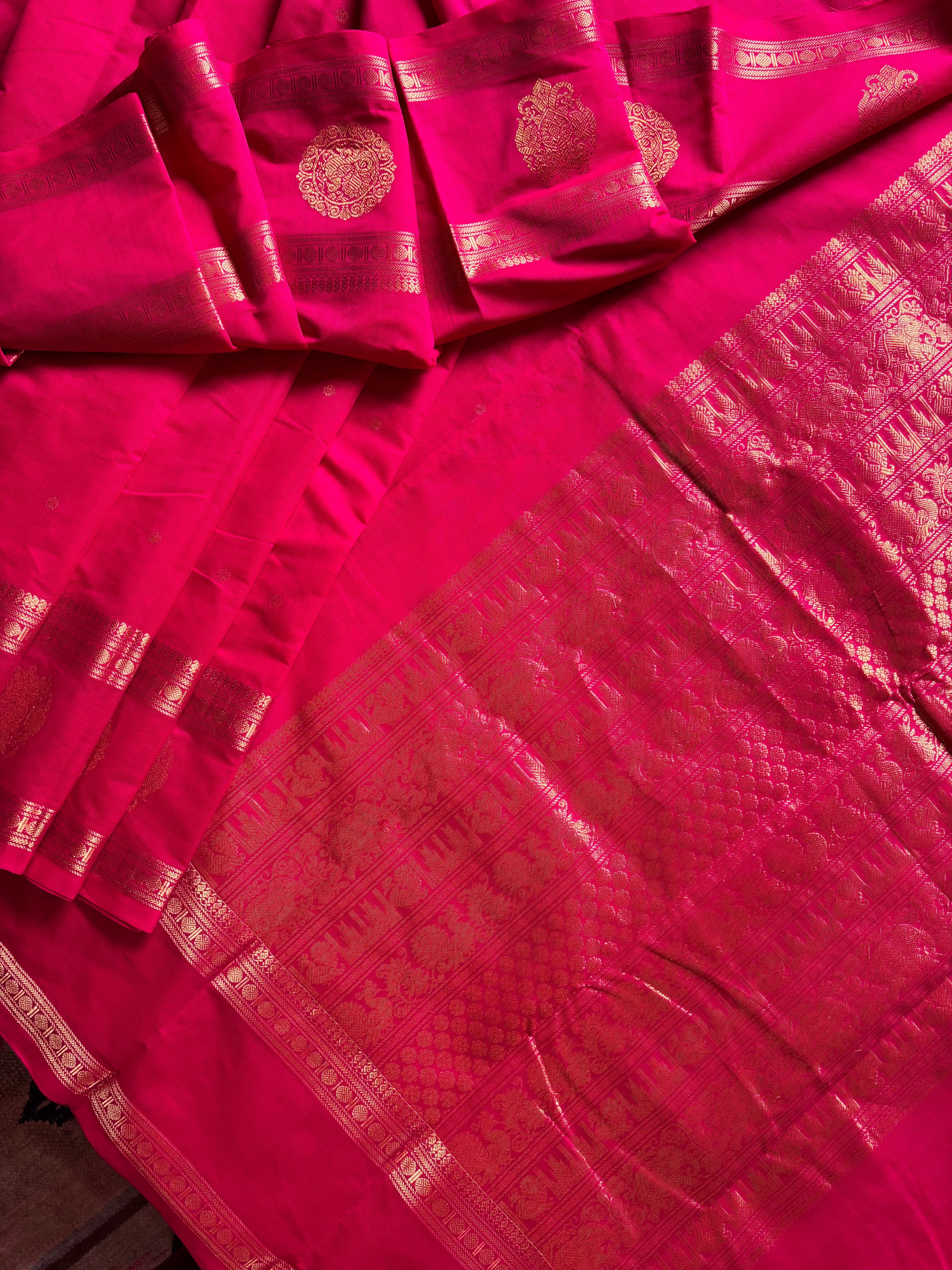 Handwoven Hot Pink Red Dual Tone Kanchipuram Cotton Saree