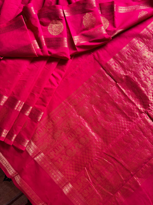 Handwoven Hot Pink Red Dual Tone Kanchipuram Cotton Saree