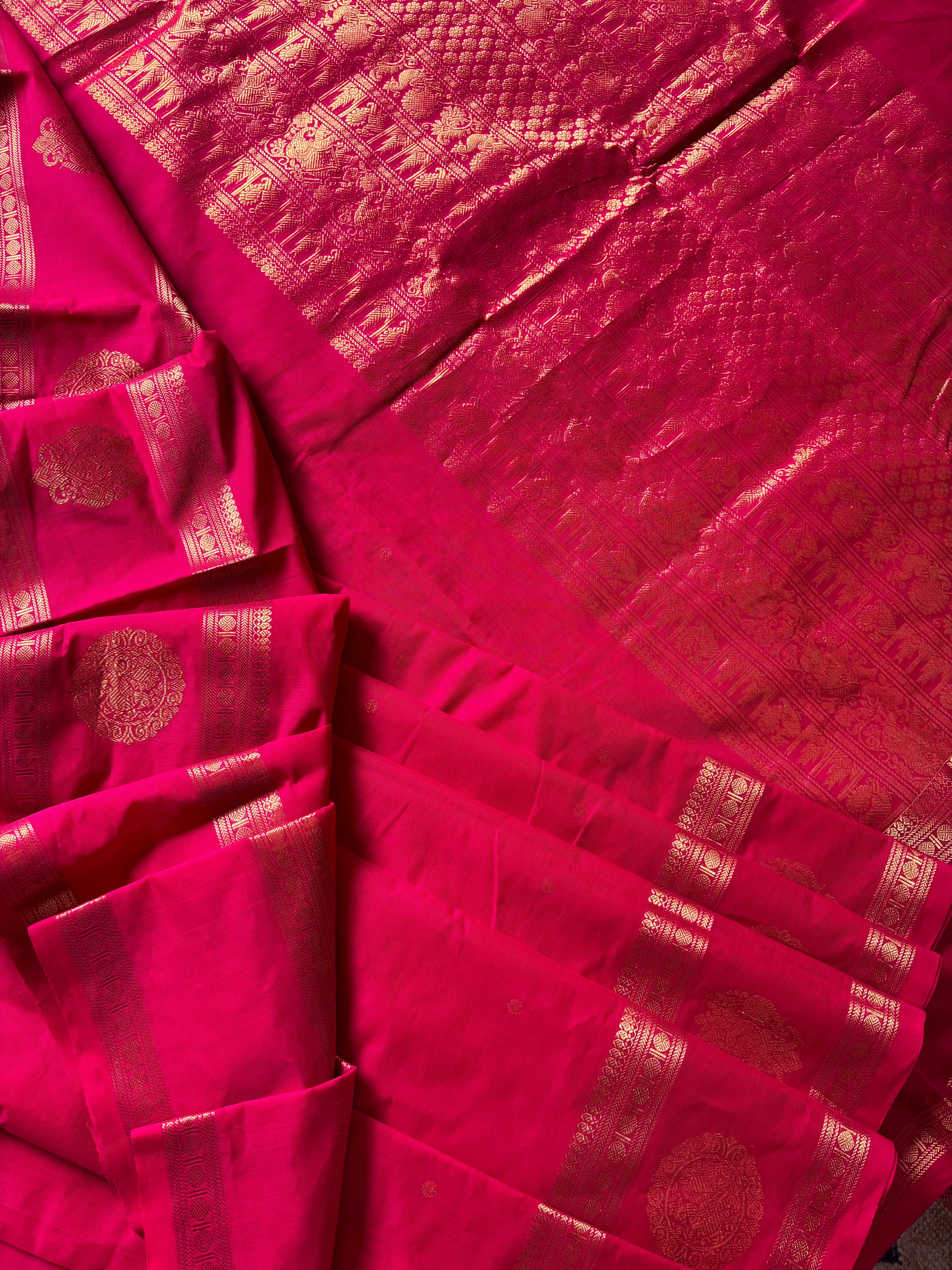 Handwoven Hot Pink Red Dual Tone Kanchipuram Cotton Saree