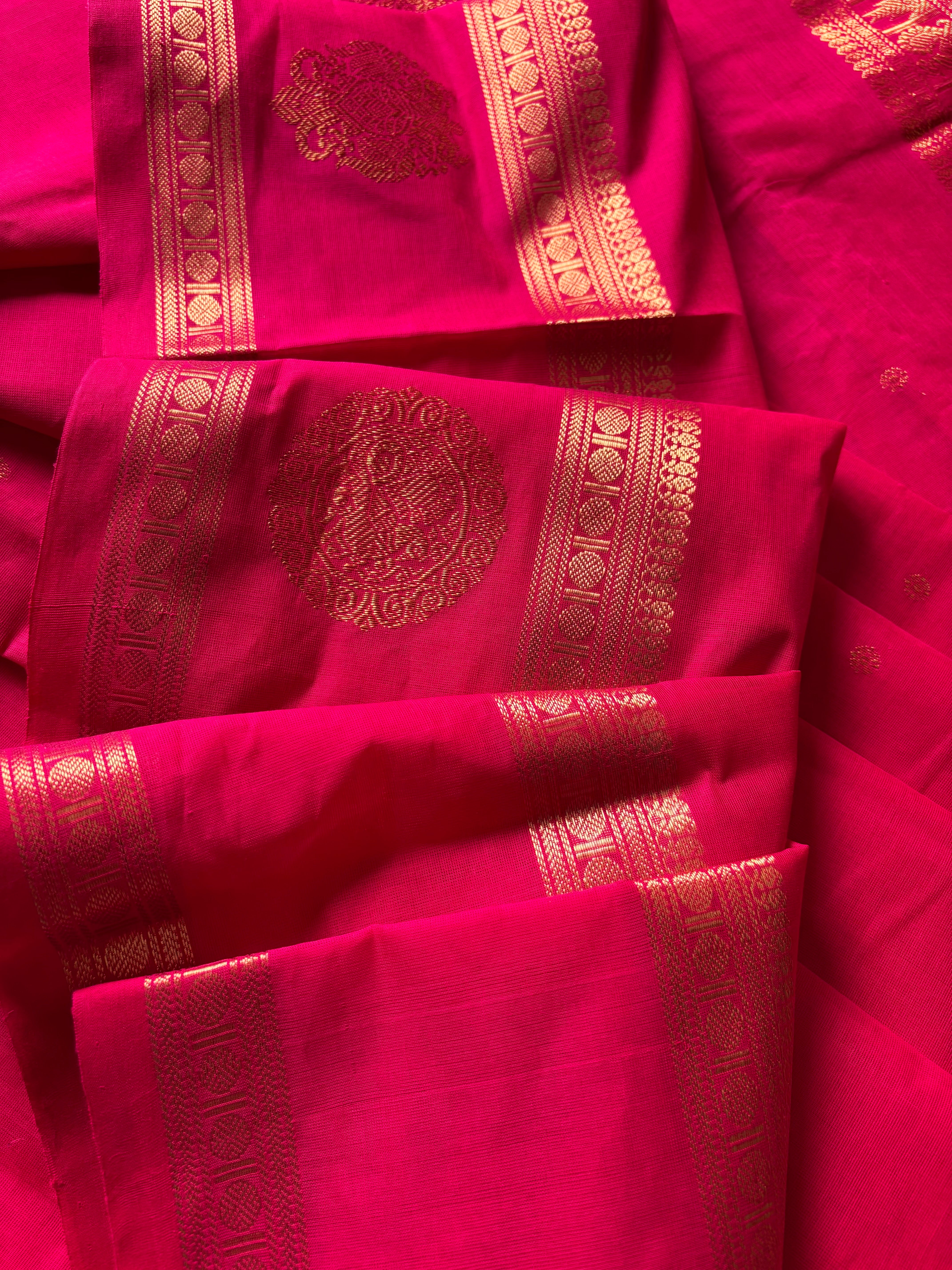 Handwoven Hot Pink Red Dual Tone Kanchipuram Cotton Saree