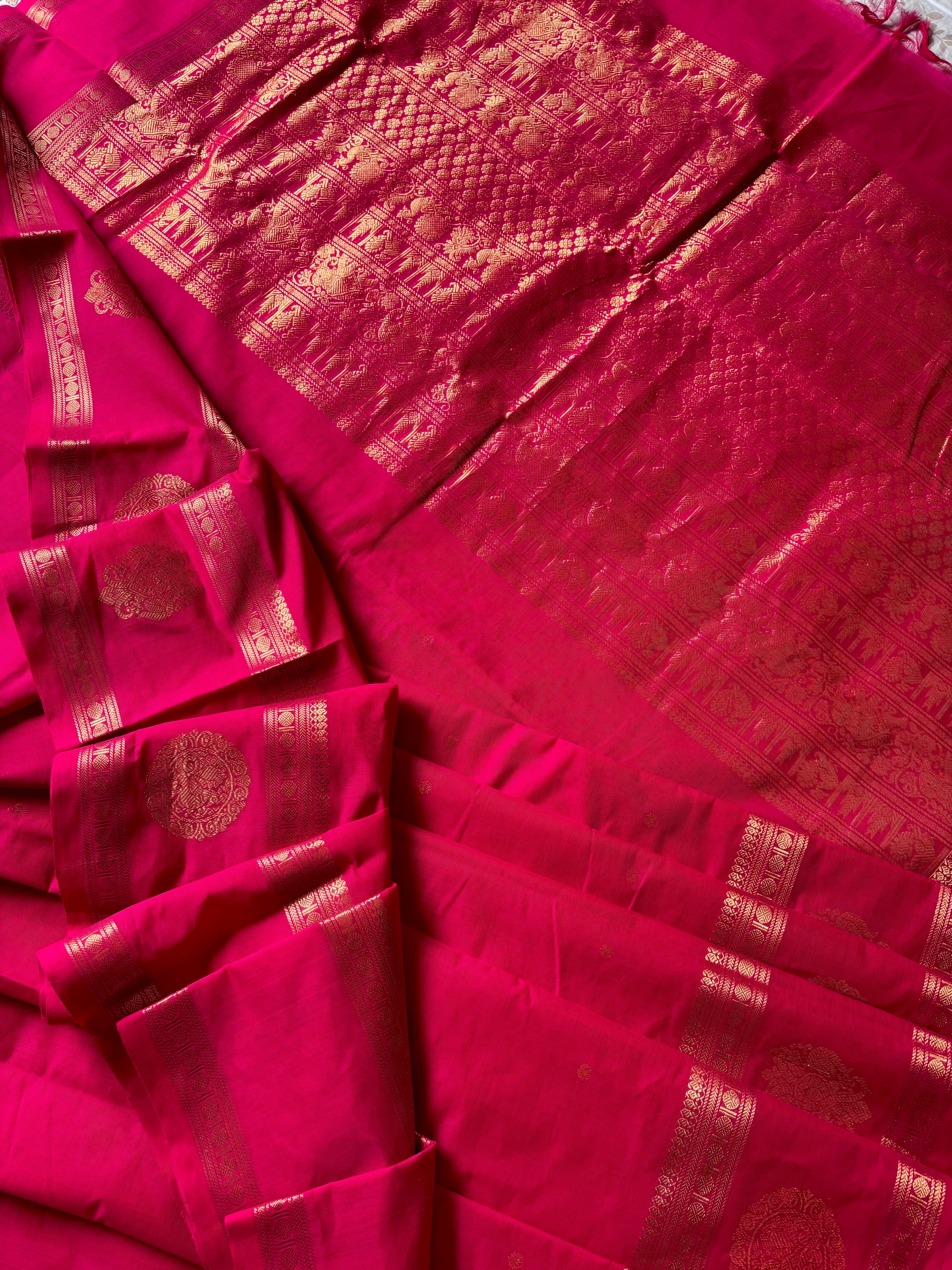 Handwoven Hot Pink Red Dual Tone Kanchipuram Cotton Saree