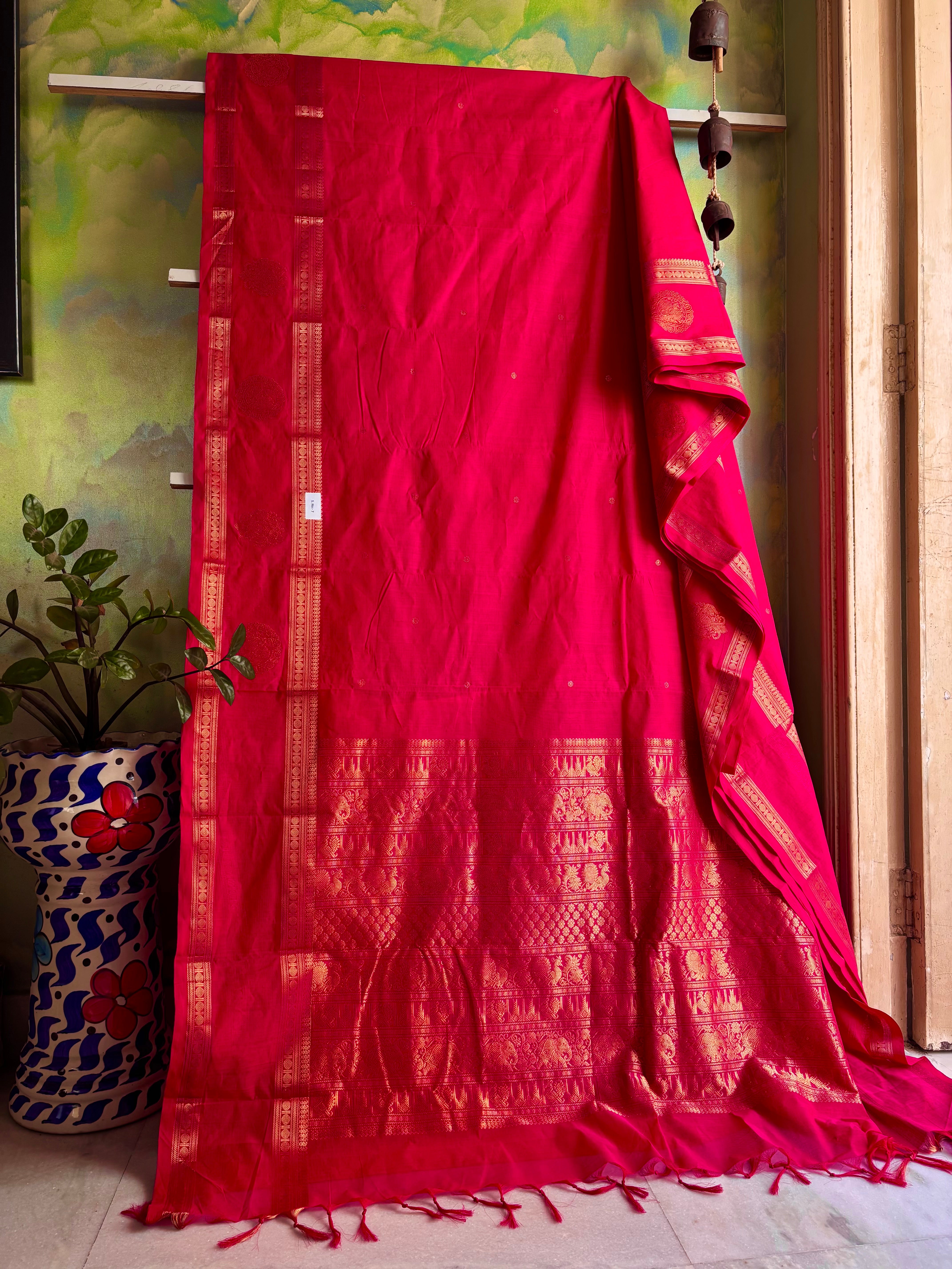 Handwoven Hot Pink Red Dual Tone Kanchipuram Cotton Saree