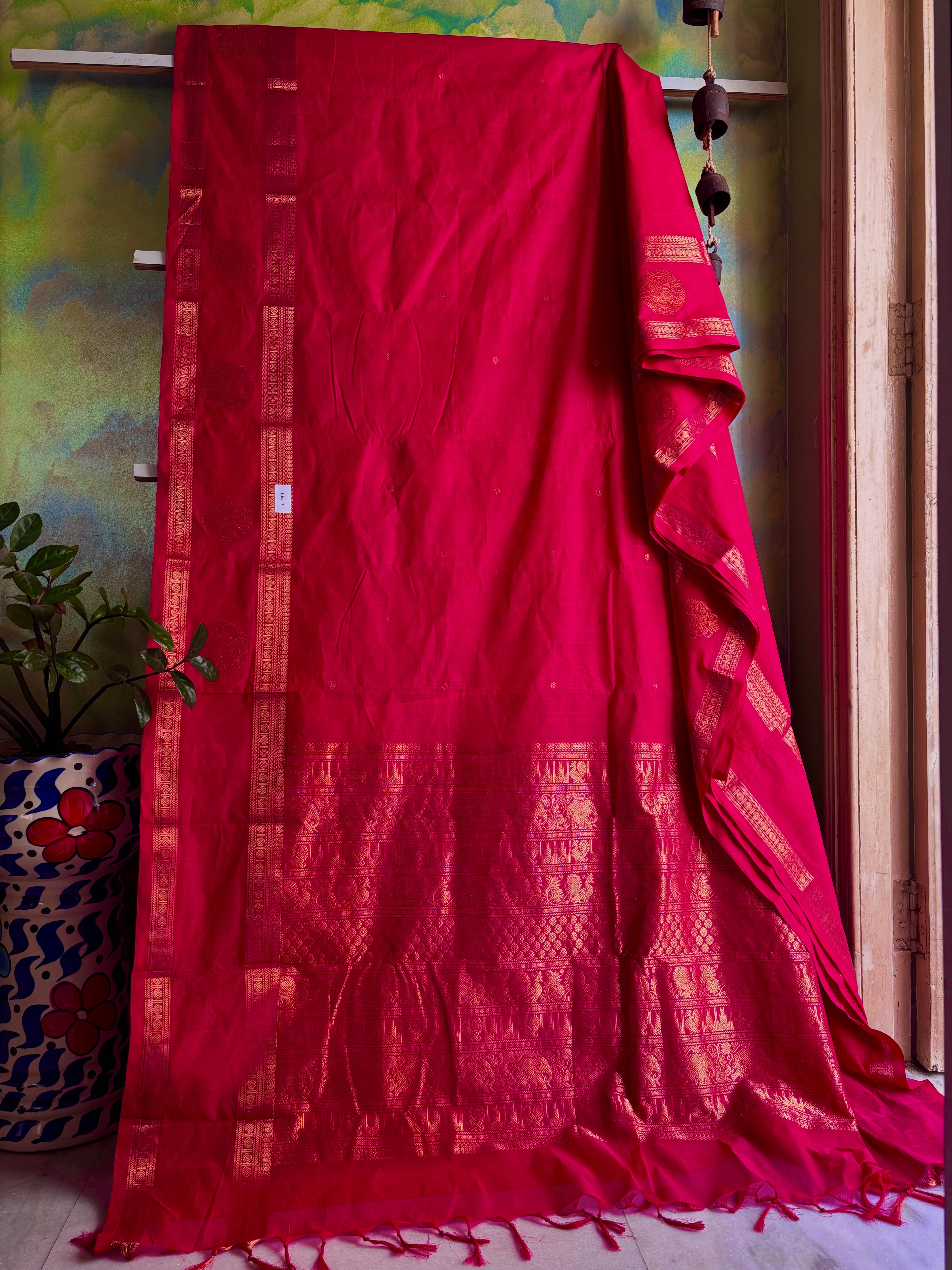 Handwoven Hot Pink Red Dual Tone Kanchipuram Cotton Saree