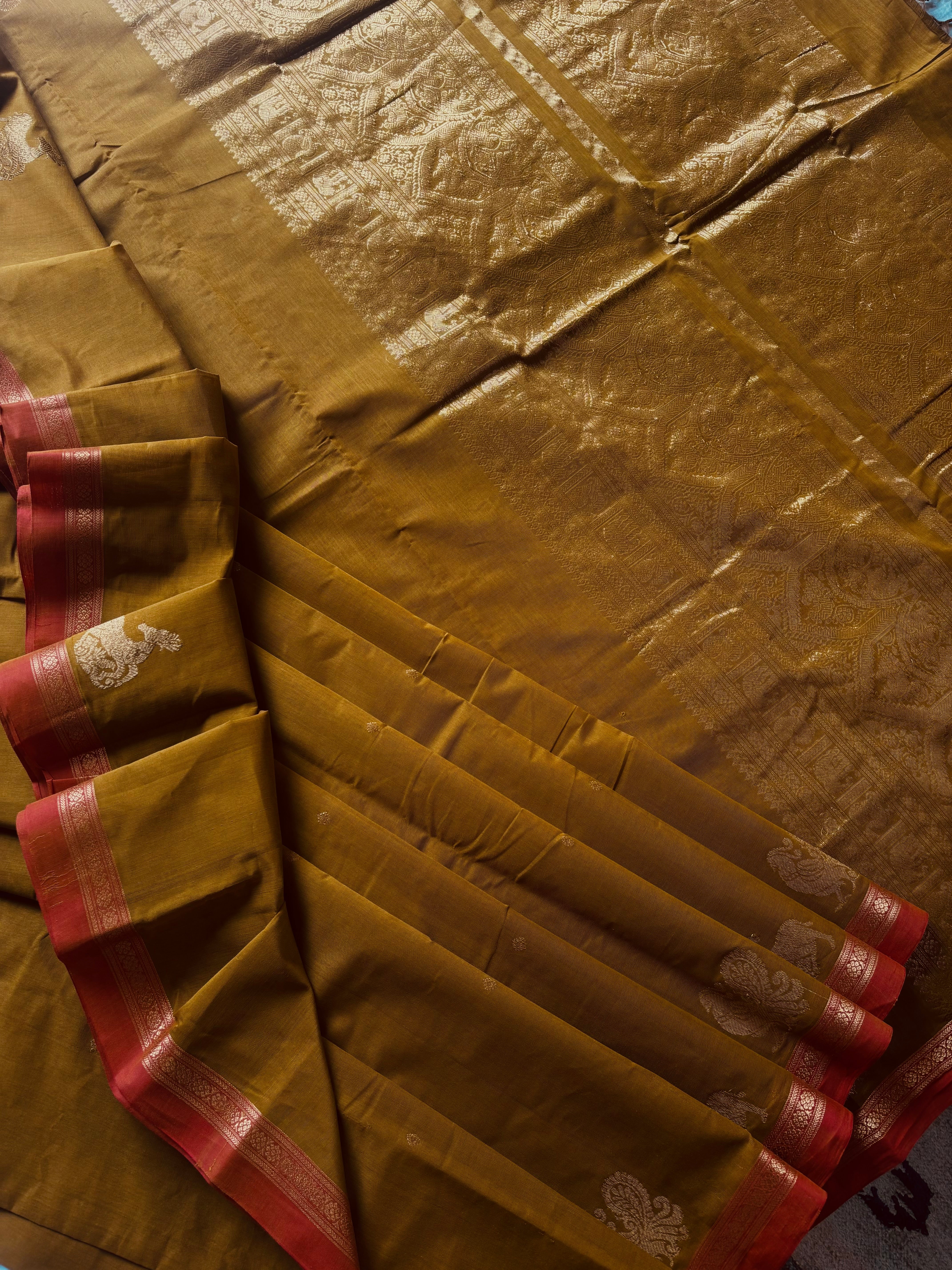 Handwoven Yellow Ochre Colour Kanchipuram Cotton Saree