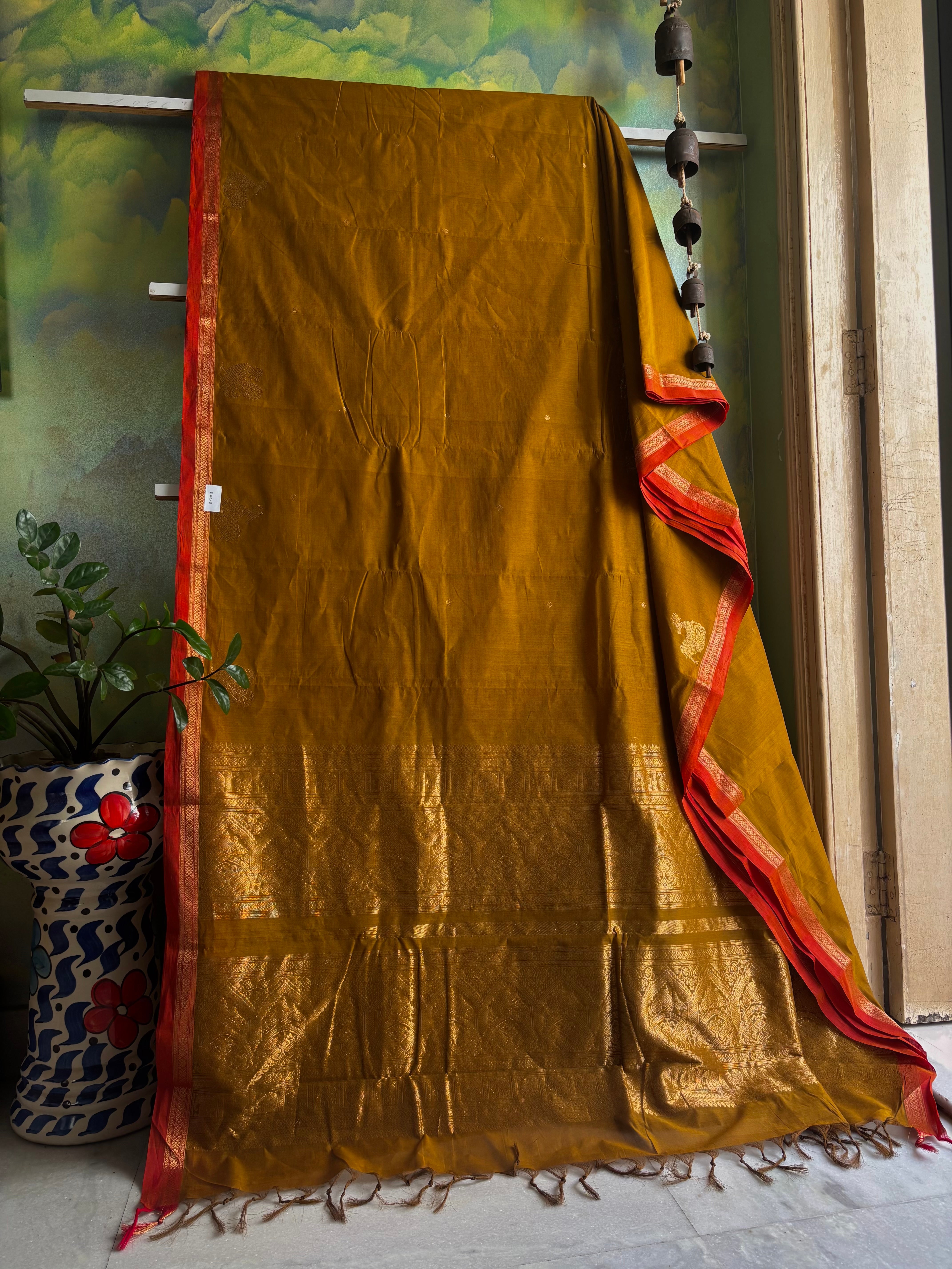 Handwoven Yellow Ochre Colour Kanchipuram Cotton Saree