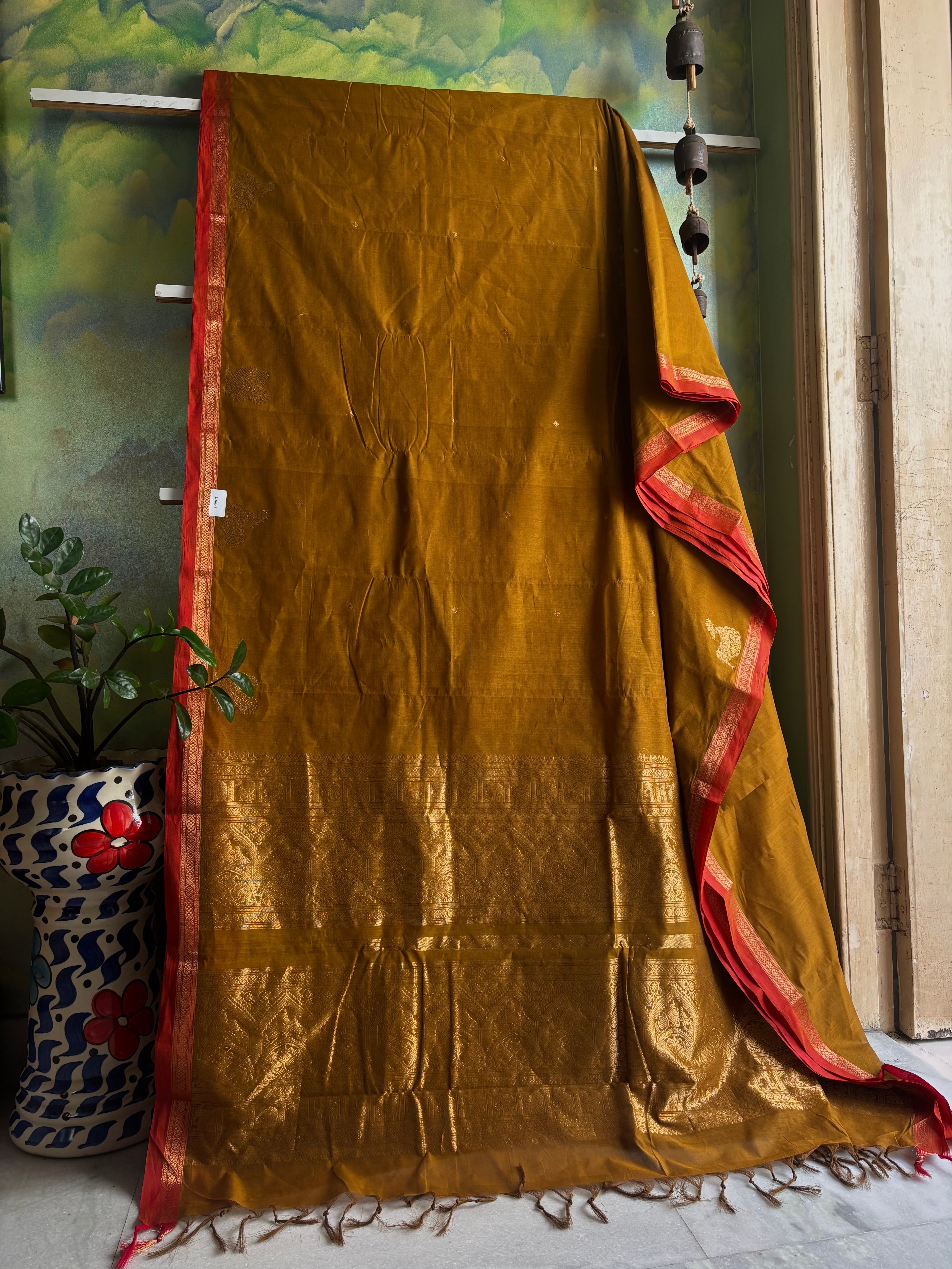 Handwoven Yellow Ochre Colour Kanchipuram Cotton Saree