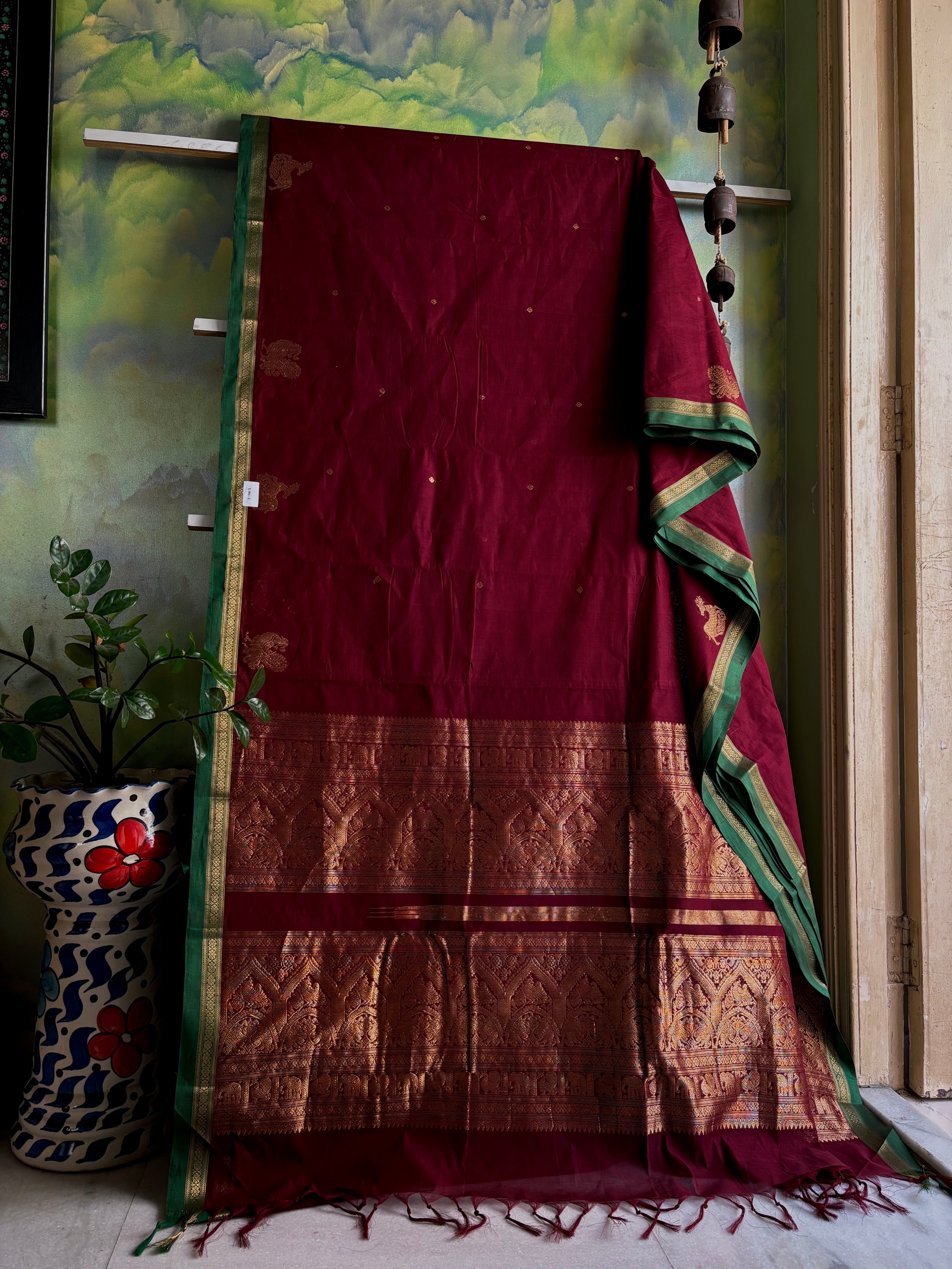 Handwoven Burgundy Colour Kanchipuram Cotton Saree