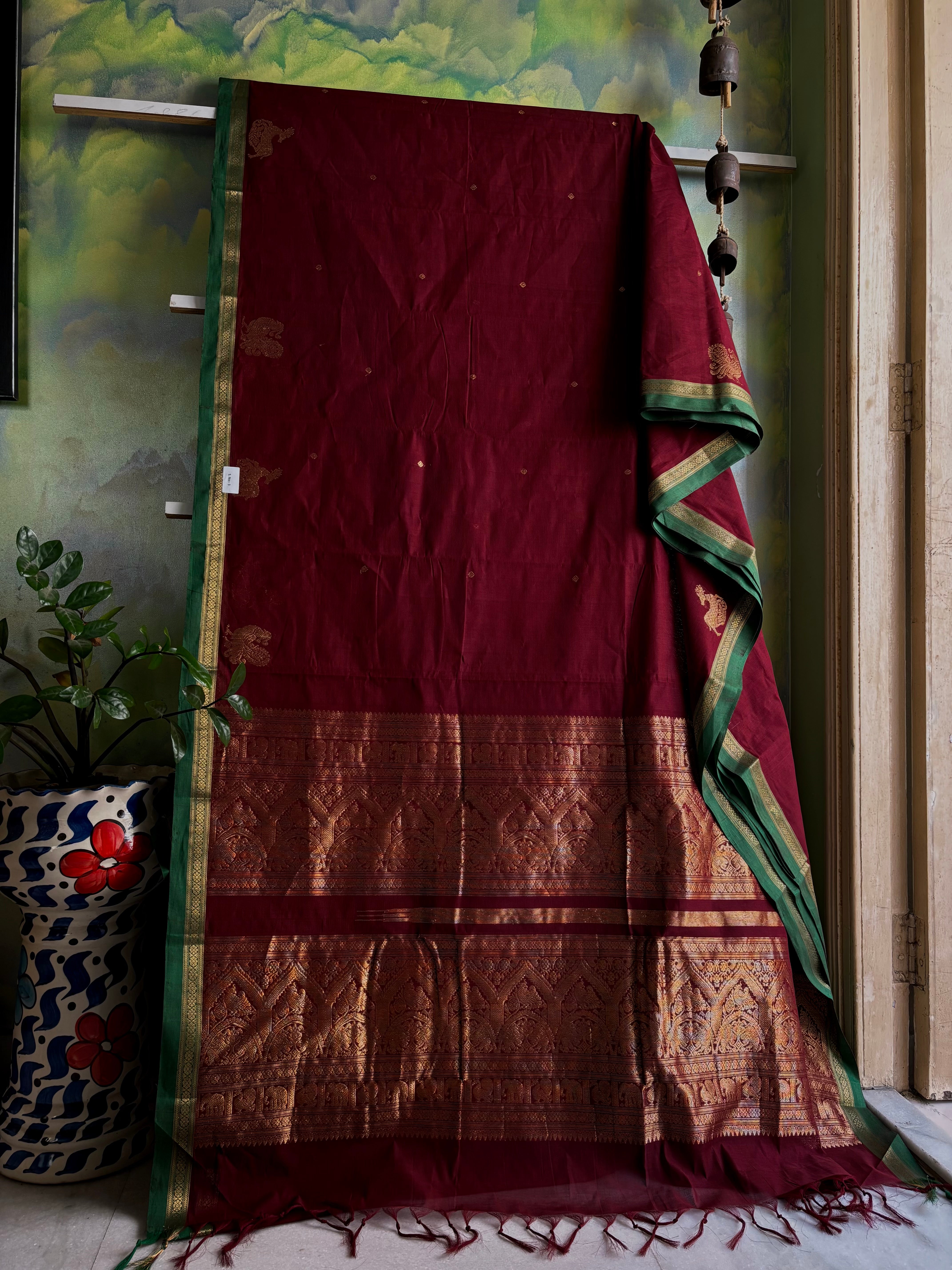 Handwoven Burgundy Colour Kanchipuram Cotton Saree