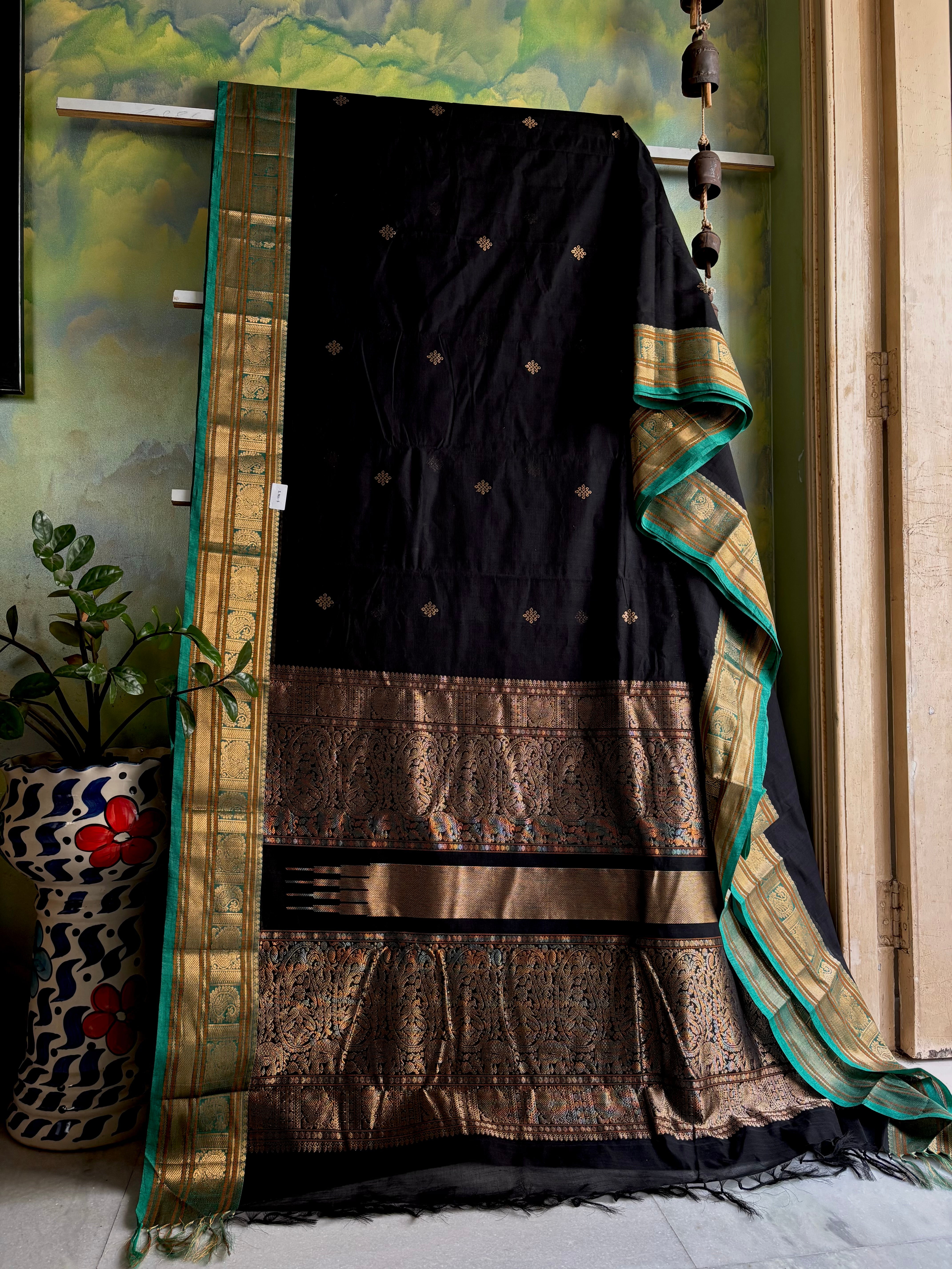 Handwoven Black Kanchipuram Cotton Saree