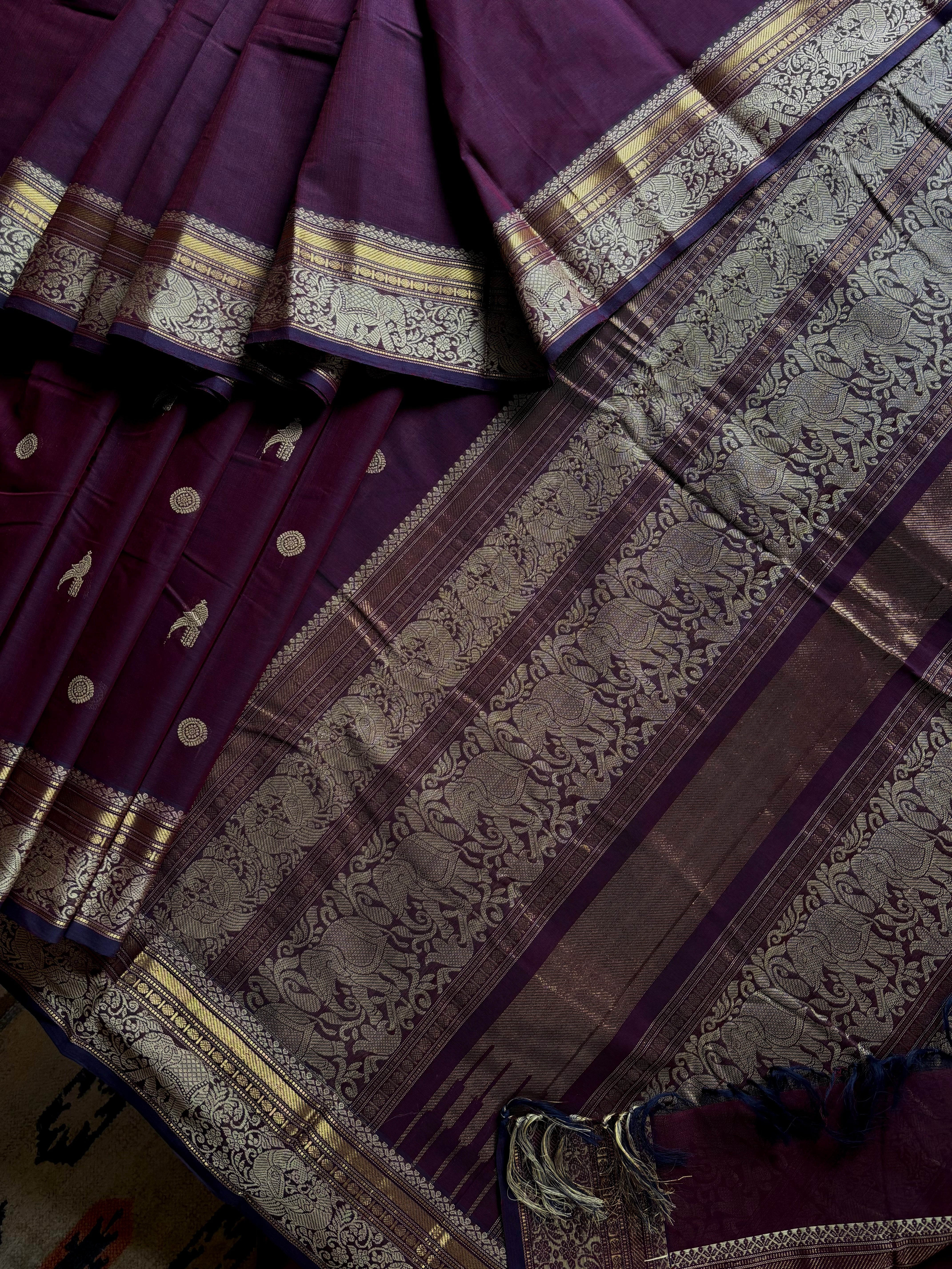 Handwoven Purple Colour Cotton Kanchipuram Saree