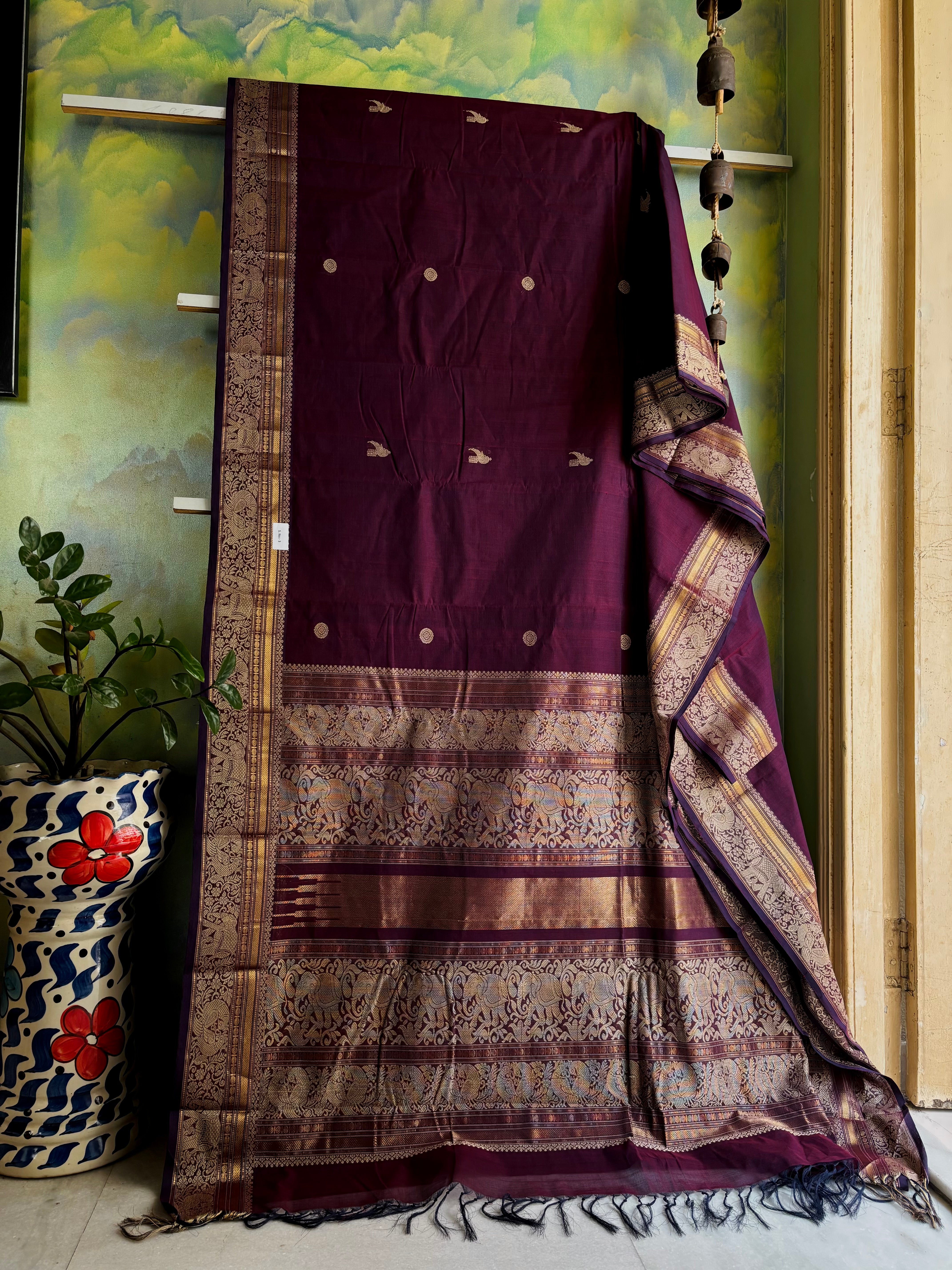 Handwoven Purple Colour Cotton Kanchipuram Saree