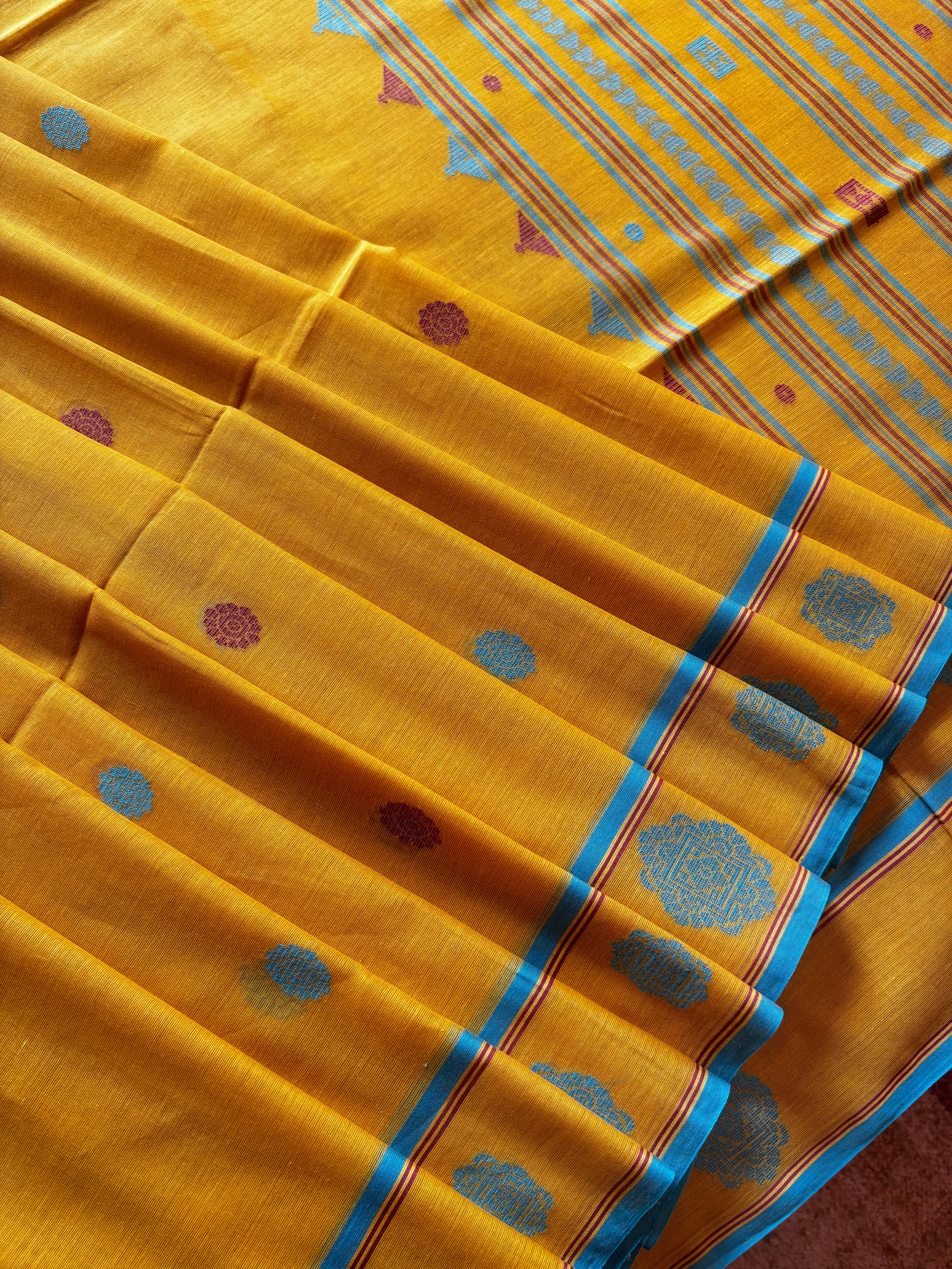 Handwoven Mustard Yellow Colour Cotton Jamdani Saree