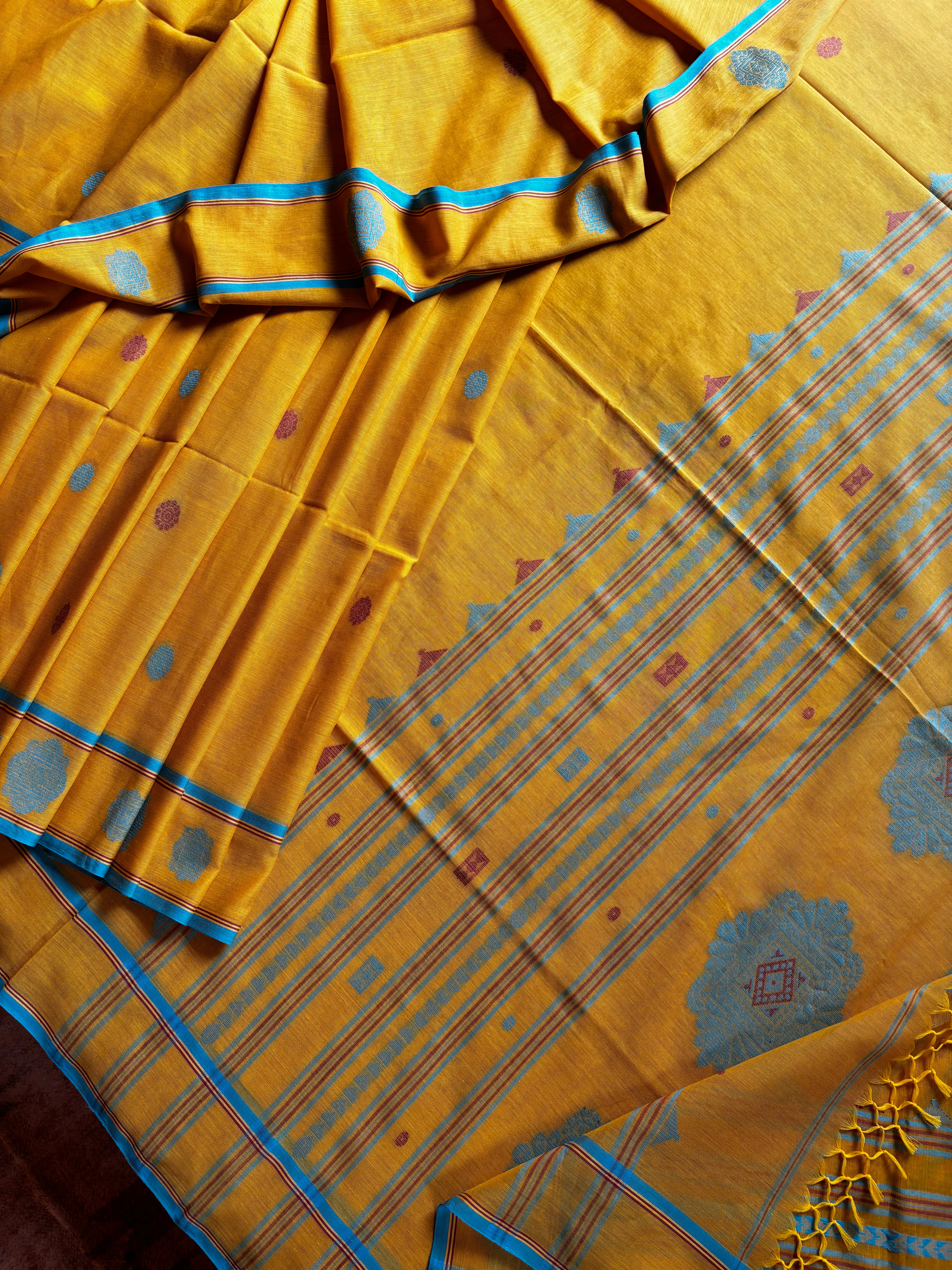 Handwoven Mustard Yellow Colour Cotton Jamdani Saree