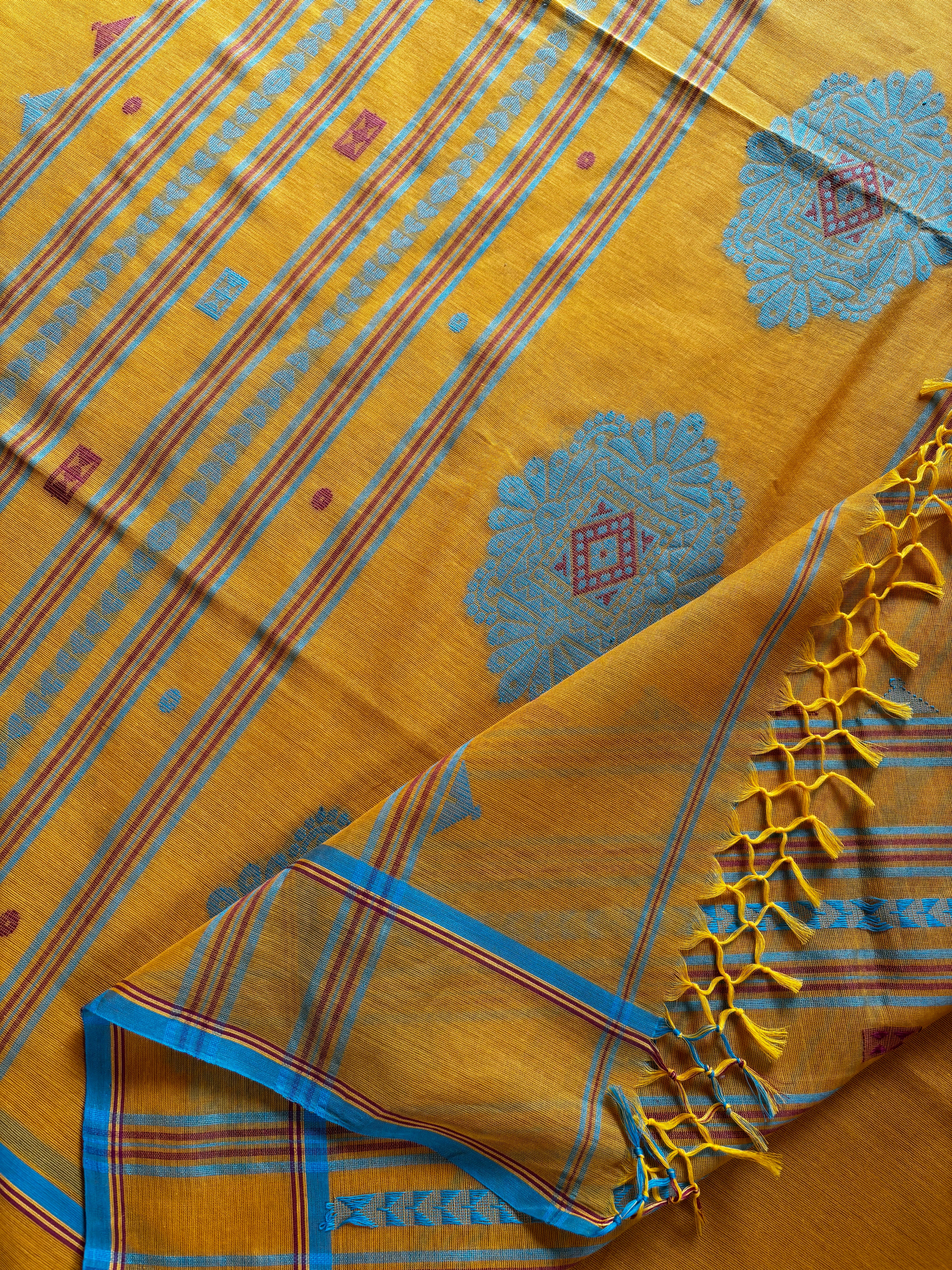Handwoven Mustard Yellow Colour Cotton Jamdani Saree